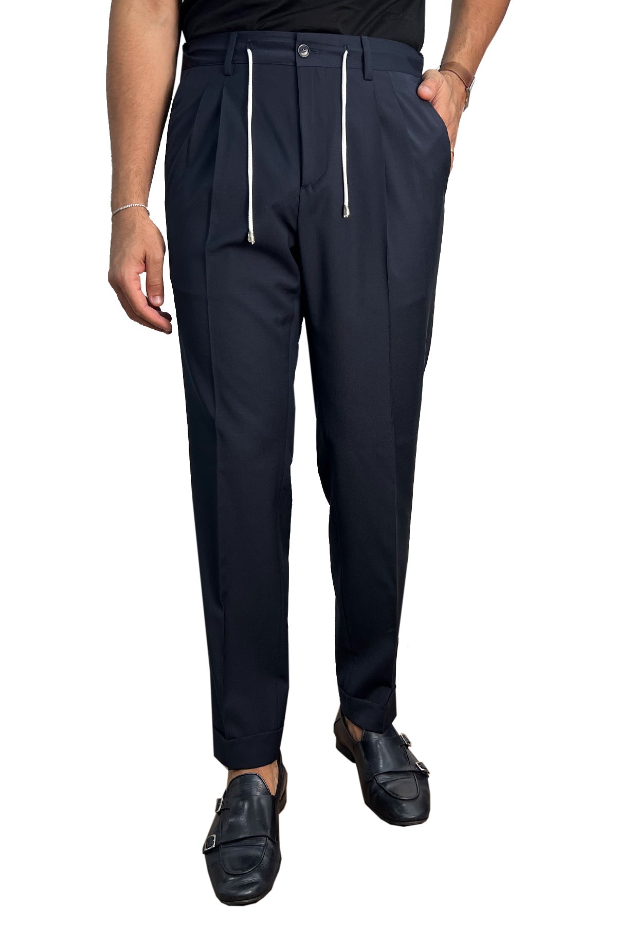 Pantalaccio uomo blu fresco lana misto made in italy tasca america con doppia pence e laccio in vita risvolto 5cm