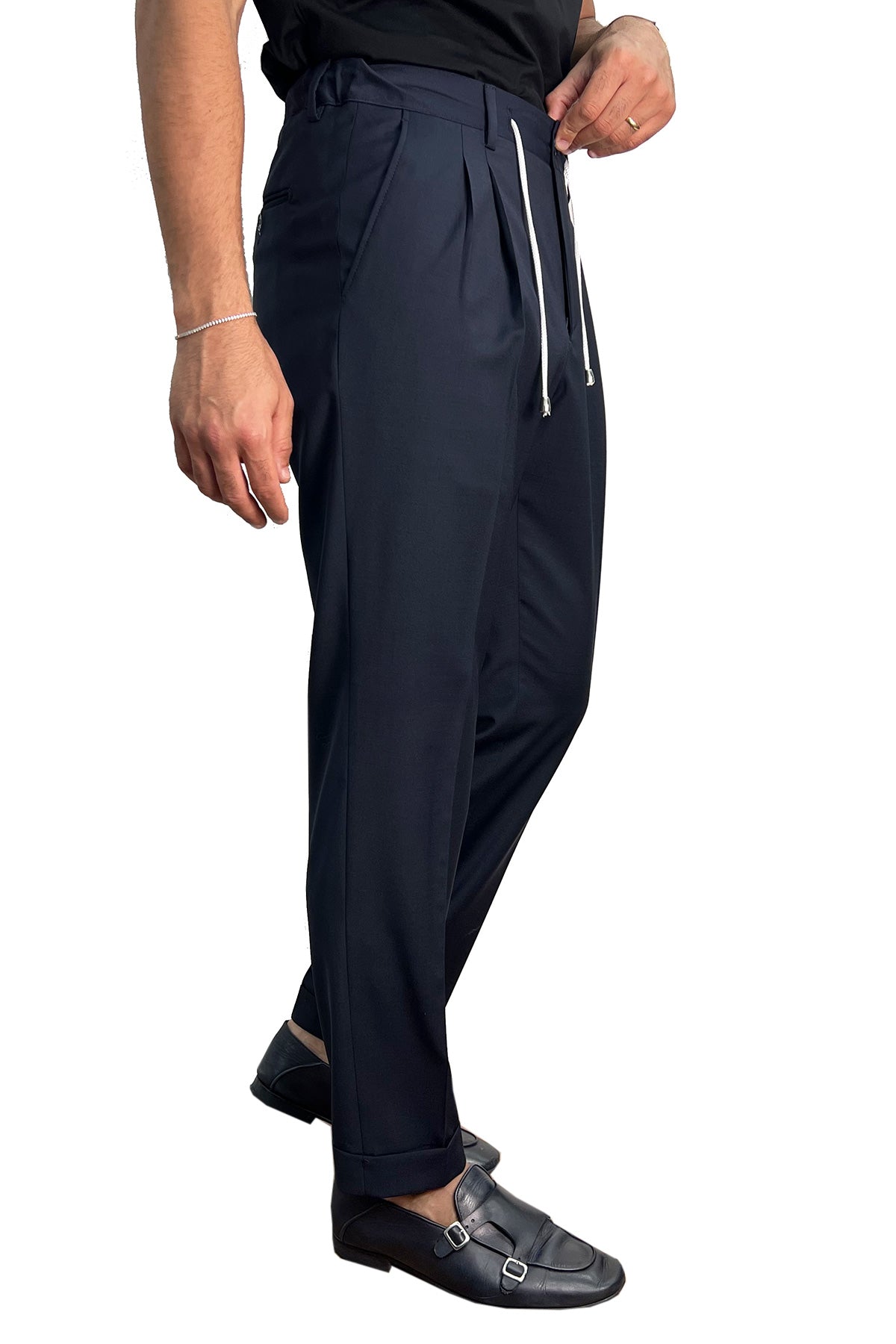 Pantalaccio uomo blu fresco lana misto made in italy tasca america con doppia pence e laccio in vita risvolto 5cm