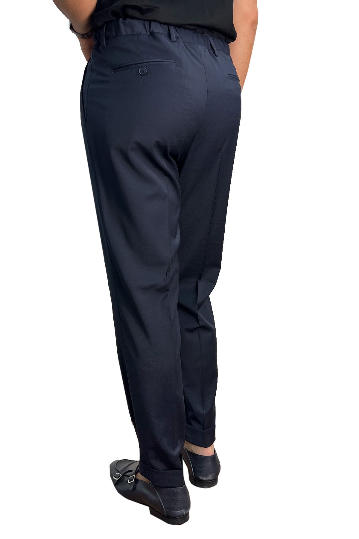 Pantalaccio uomo blu fresco lana misto made in italy tasca america con doppia pence e laccio in vita risvolto 5cm