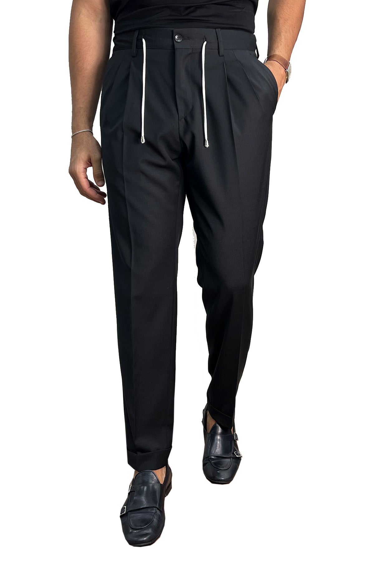 Pantalaccio uomo nero fresco lana misto made in italy tasca america con doppia pence e laccio in vita risvolto 5cm
