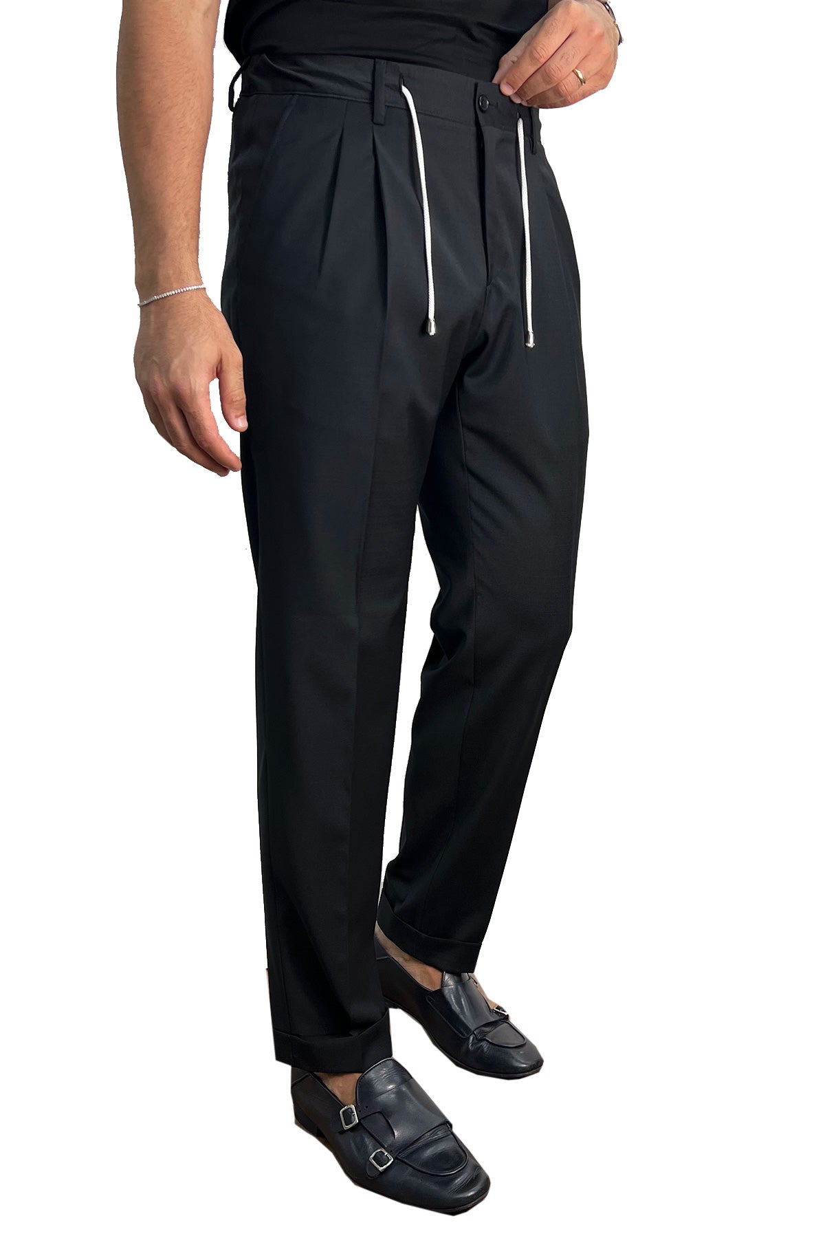 Pantalaccio uomo nero fresco lana misto made in italy tasca america con doppia pence e laccio in vita risvolto 5cm