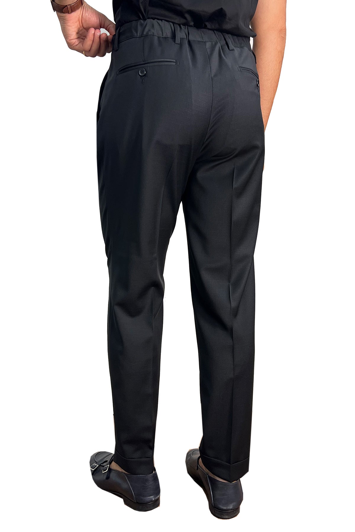 Pantalaccio uomo nero fresco lana misto made in italy tasca america con doppia pence e laccio in vita risvolto 5cm