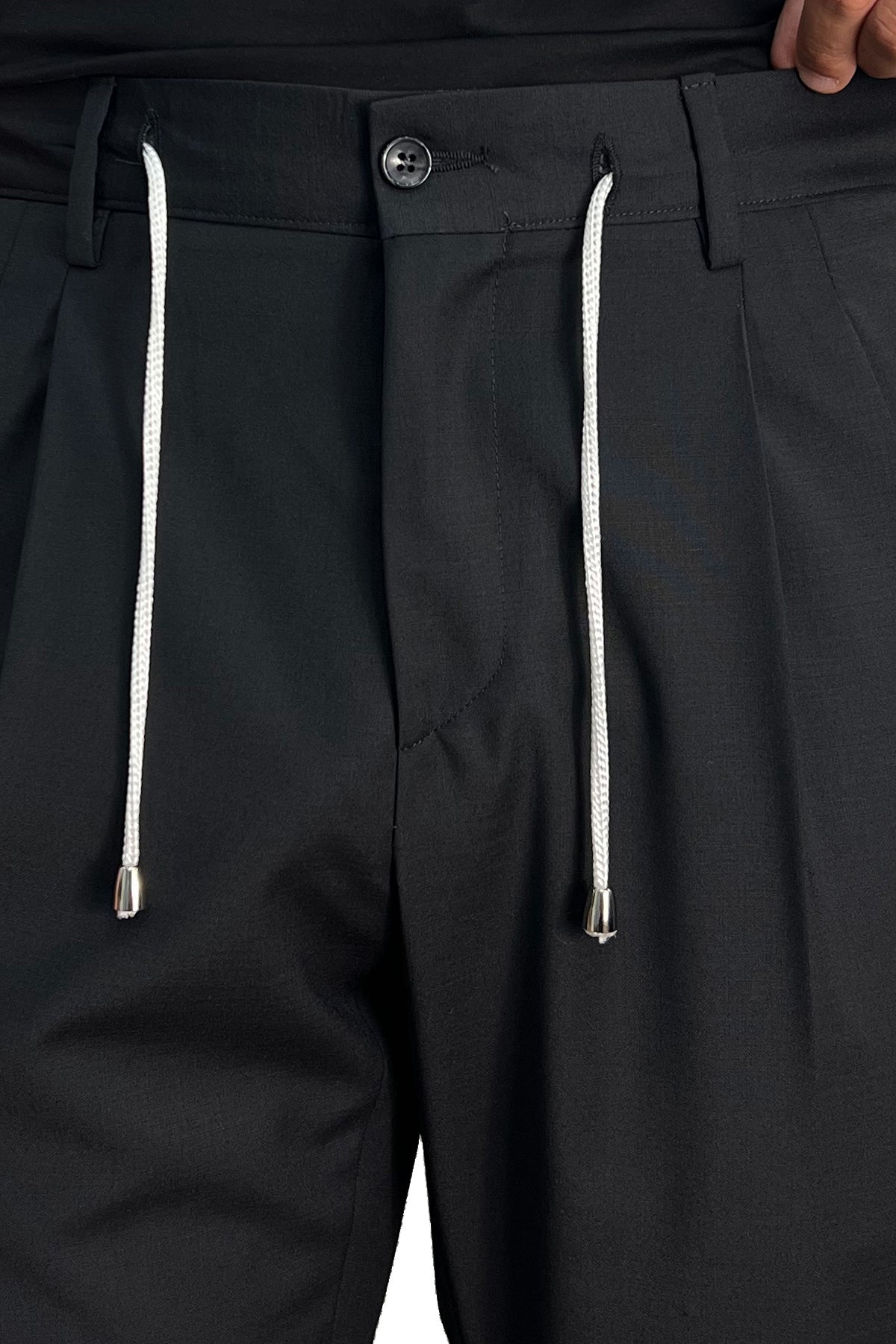 Pantalaccio uomo nero fresco lana misto made in italy tasca america con doppia pence e laccio in vita risvolto 5cm