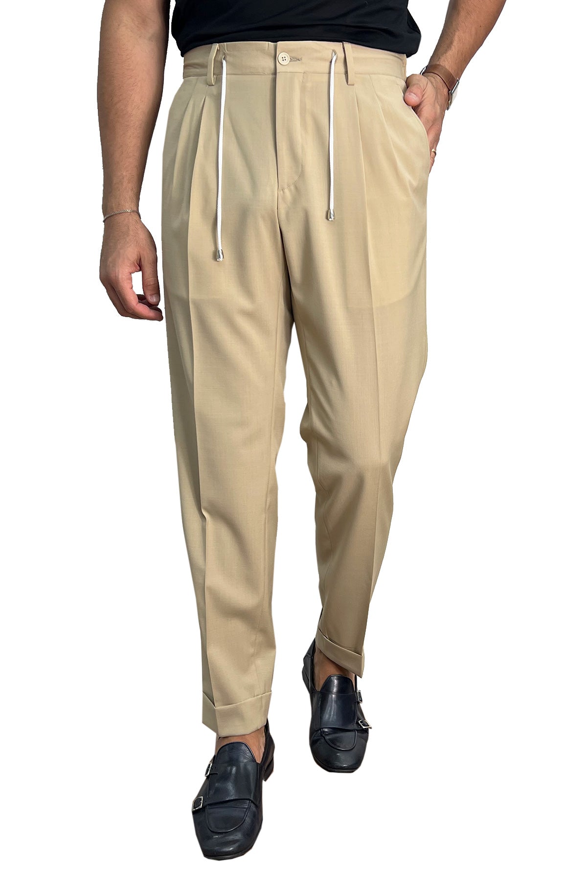 Pantalaccio uomo beige fresco lana misto made in italy tasca america con doppia pence e laccio in vita risvolto 5cm.
