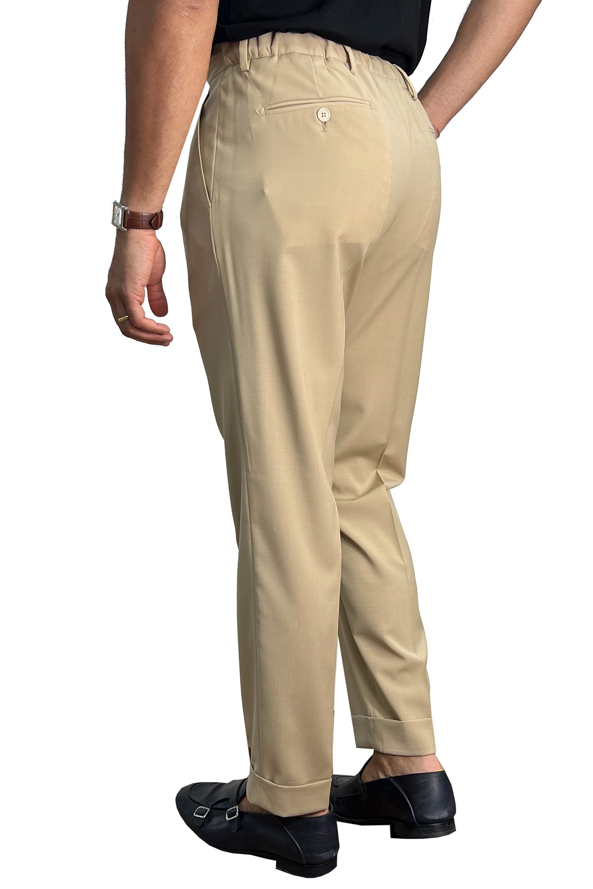 Pantalaccio uomo beige fresco lana misto made in italy tasca america con doppia pence e laccio in vita risvolto 5cm.