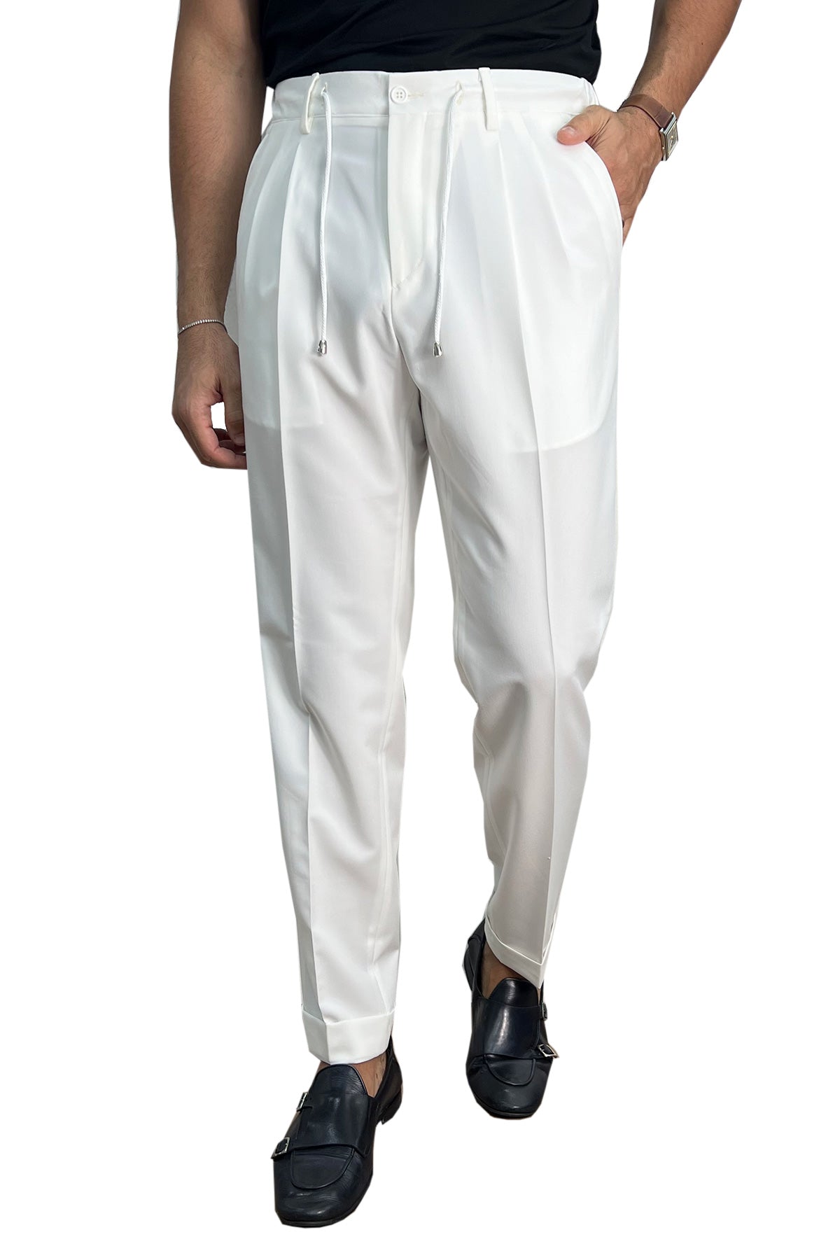 Pantalaccio uomo bianco fresco lana misto made in italy tasca america con doppia pence e laccio in vita risvolto 5cm