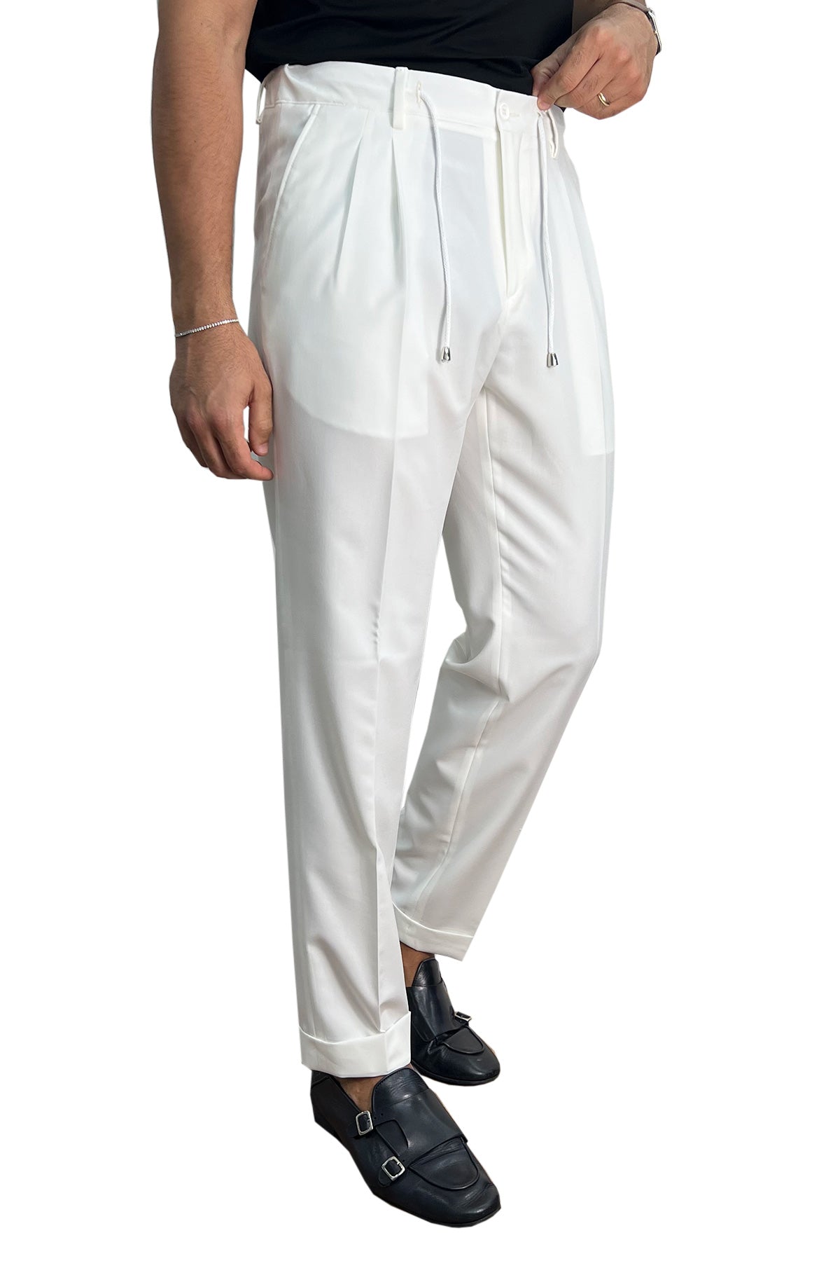 Pantalaccio uomo bianco fresco lana misto made in italy tasca america con doppia pence e laccio in vita risvolto 5cm