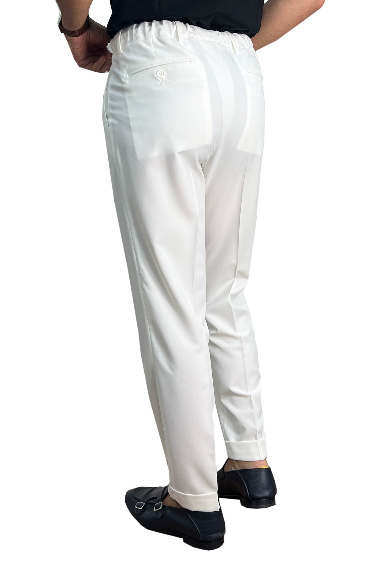 Pantalaccio uomo bianco fresco lana misto made in italy tasca america con doppia pence e laccio in vita risvolto 5cm