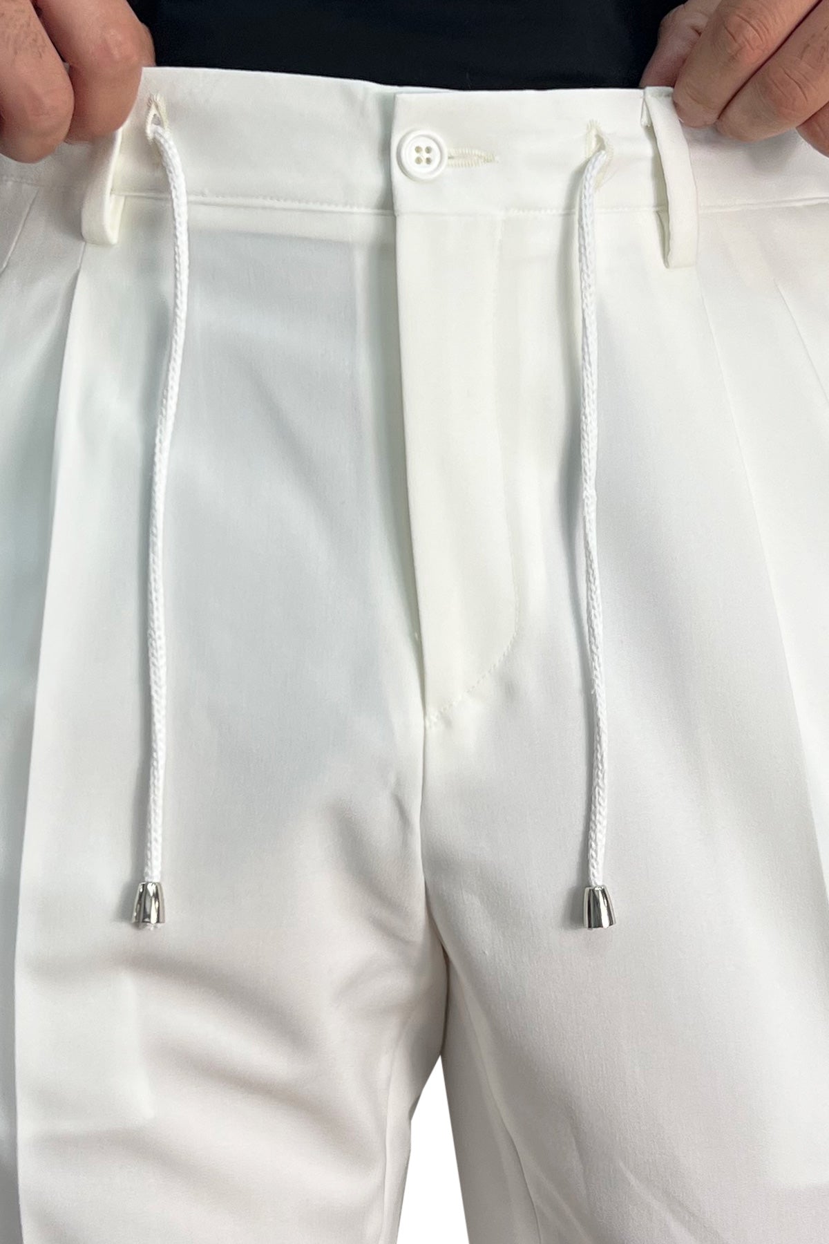 Pantalaccio uomo bianco fresco lana misto made in italy tasca america con doppia pence e laccio in vita risvolto 5cm