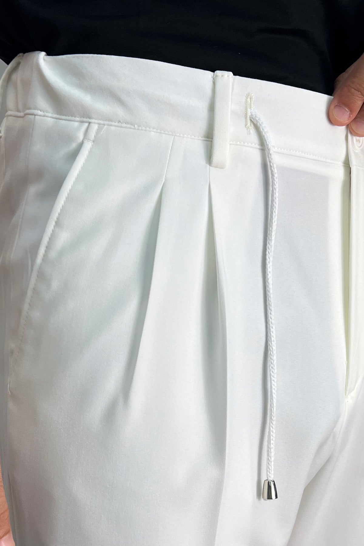 Pantalaccio uomo bianco fresco lana misto made in italy tasca america con doppia pence e laccio in vita risvolto 5cm