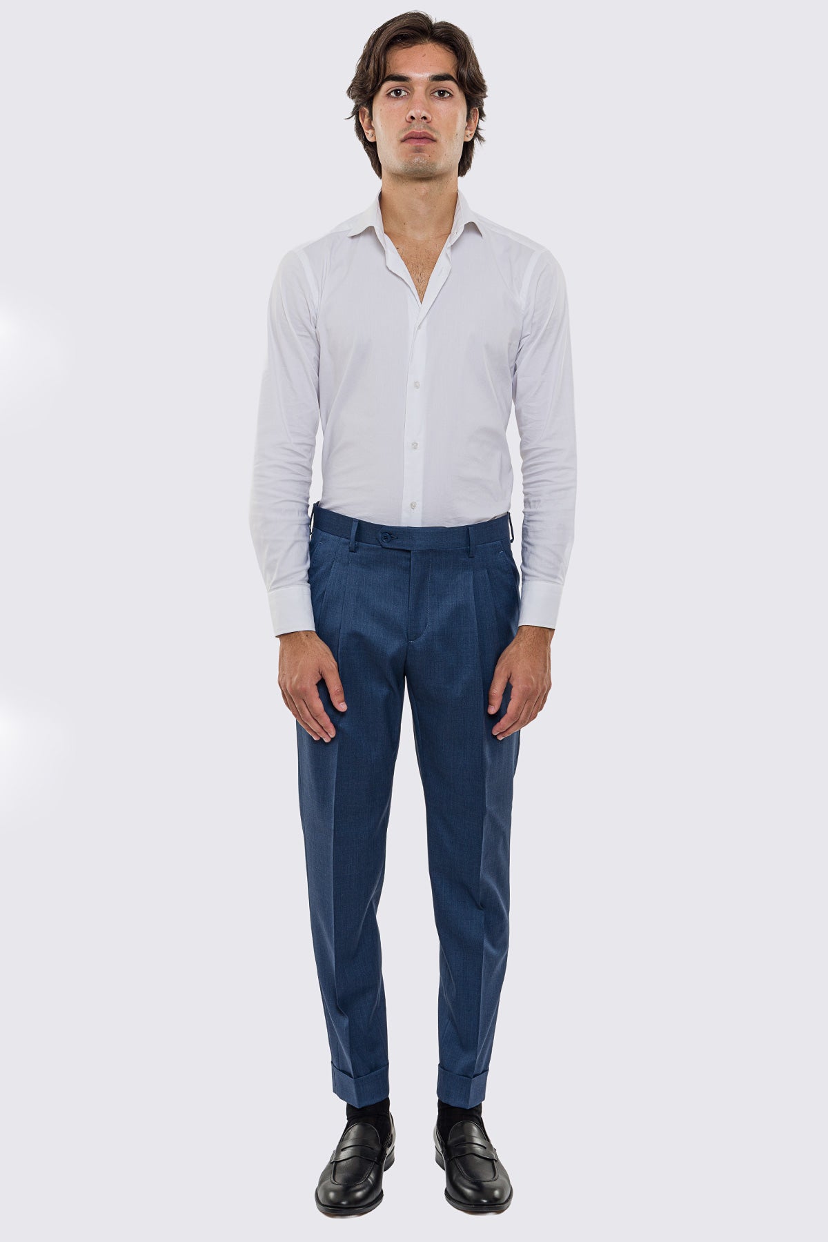 Pantalone uomo Denim vita alta con 2 pinces tasca america in fresco lana 100% Vitale Barberis Canonico risvolto 5cm