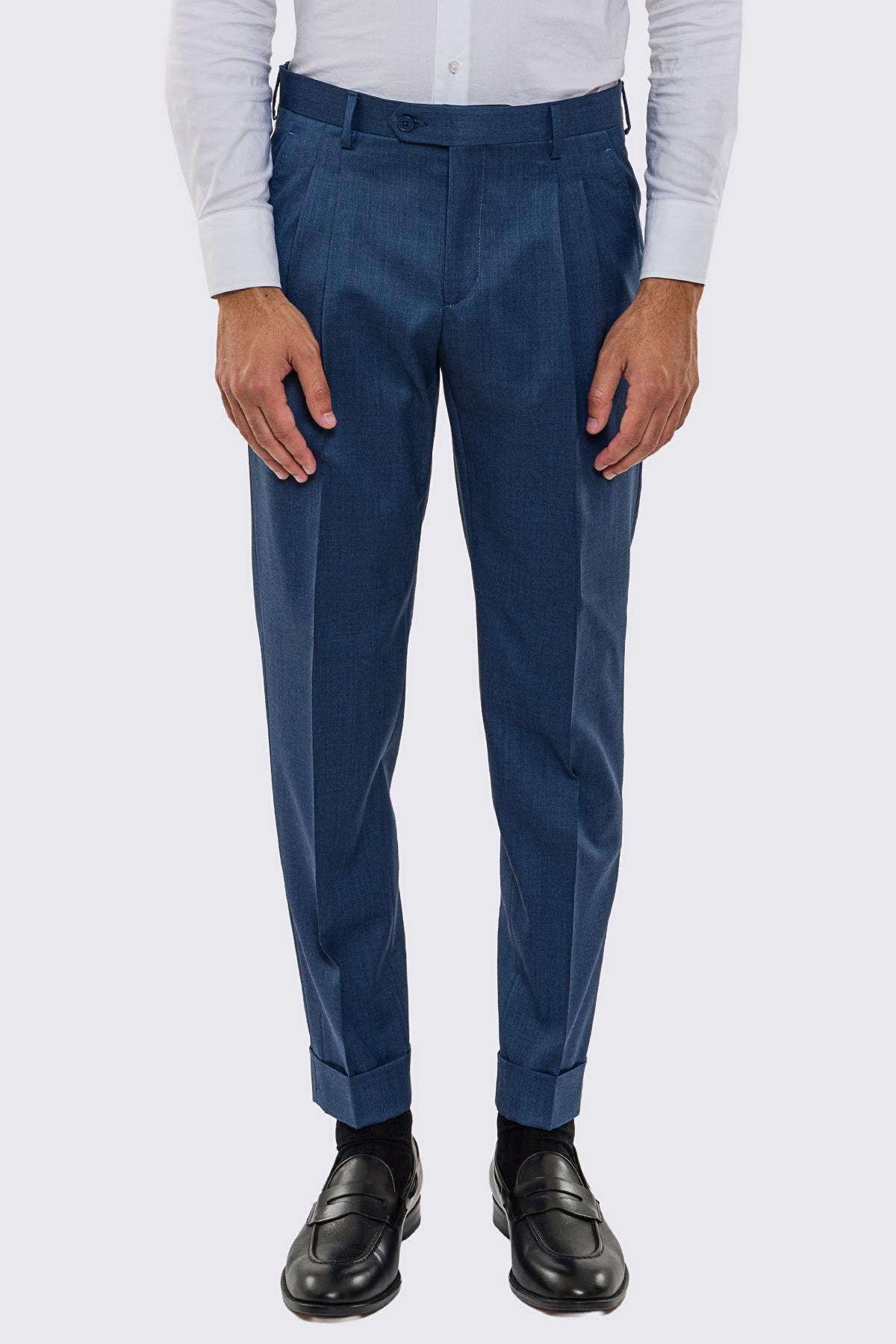 Pantalone uomo Denim vita alta con 2 pinces tasca america in fresco lana 100% Vitale Barberis Canonico risvolto 5cm