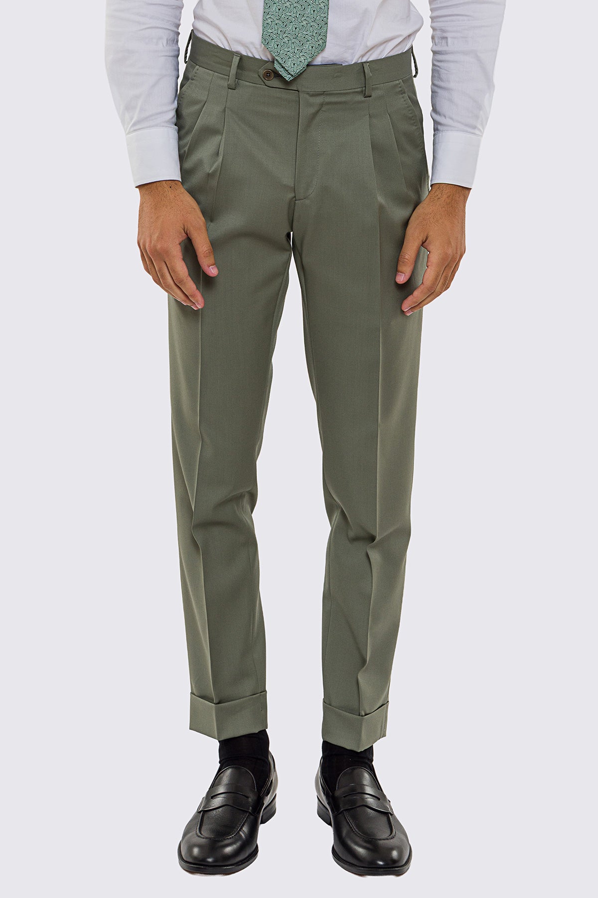 Pantalone uomo verde salvia vita alta con 2 pinces tasca america in fresco lana 100% Vitale Barberis Canonico risvolto 5cm