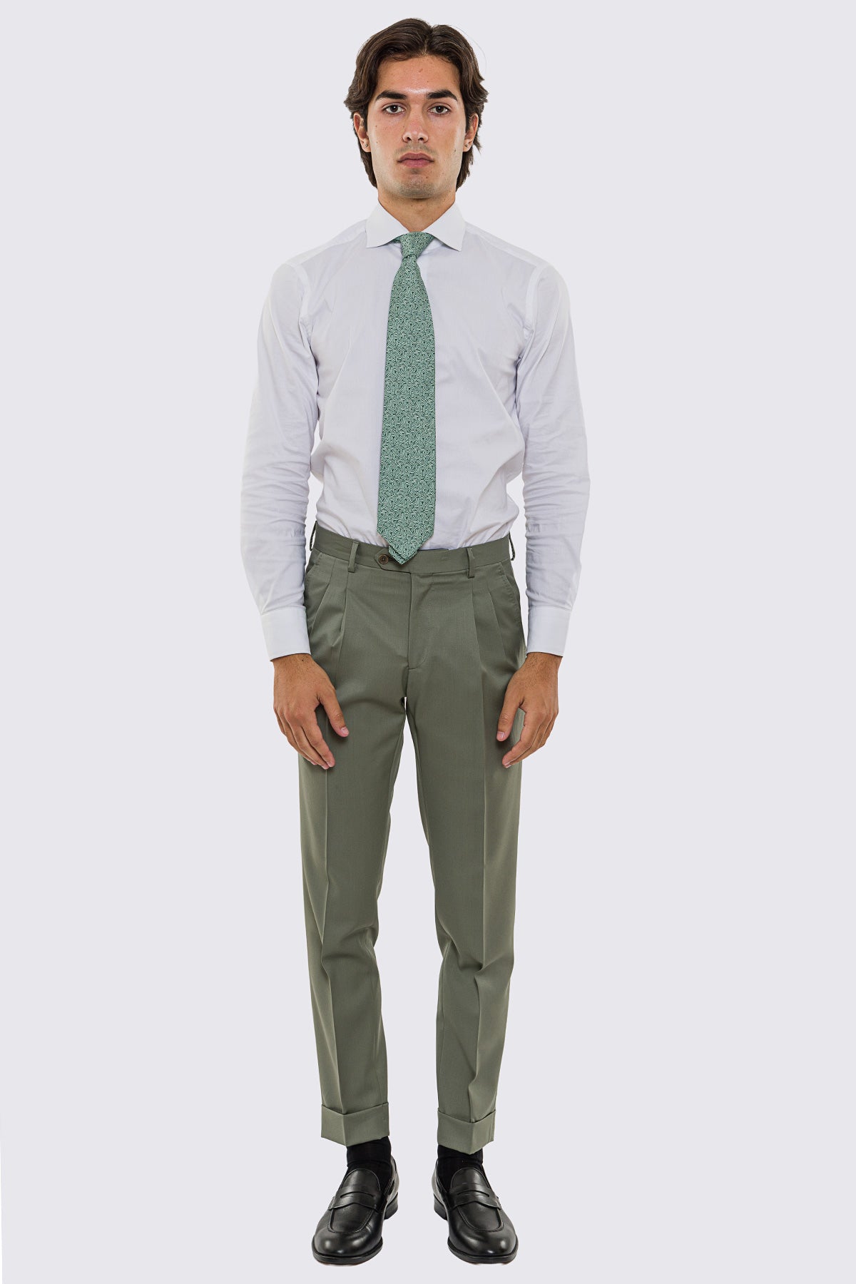 Abito uomo doppiopetto verde salvia fresco lana super 130's Vitale Barberis Canonico sfoderata Rever a lancia tasche a filo