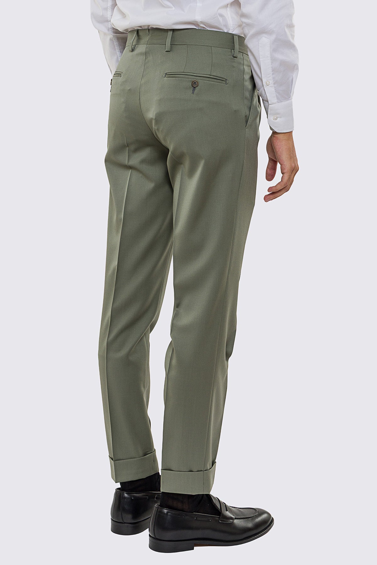 Abito uomo doppiopetto verde salvia fresco lana super 130's Vitale Barberis Canonico sfoderata Rever a lancia tasche a filo