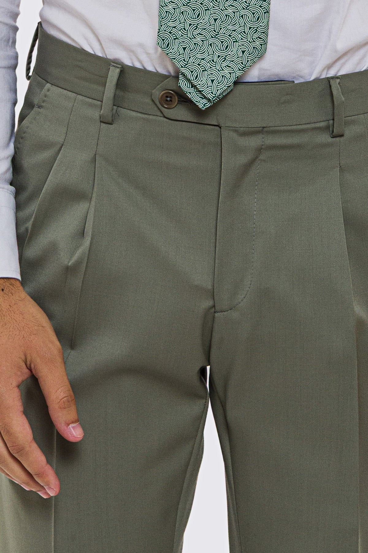 Pantalone uomo verde salvia vita alta con 2 pinces tasca america in fresco lana 100% Vitale Barberis Canonico risvolto 5cm