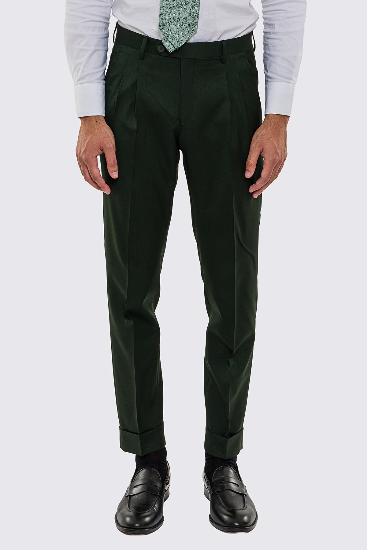 Abito uomo Monopetto verde scuro fresco lana super 130's Vitale Barberis Canonico sfoderata Rever a lancia tasche a toppe