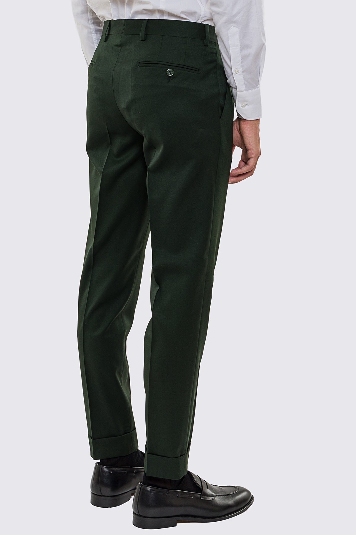 Abito uomo Monopetto verde scuro fresco lana super 130's Vitale Barberis Canonico sfoderata Rever a lancia tasche a toppe