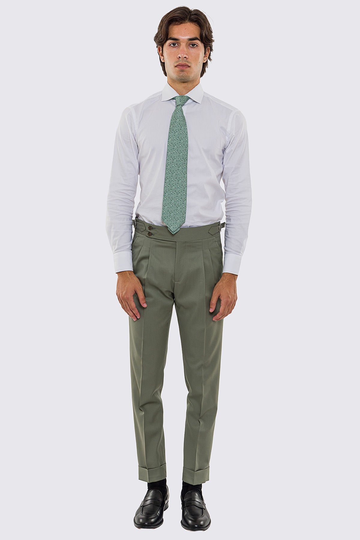 Pantalone uomo verde salvia vita alta con fibbie laterali 2 pinces tasca america in fresco lana 100% Vitale Barberis Canonico risvolto 5cm