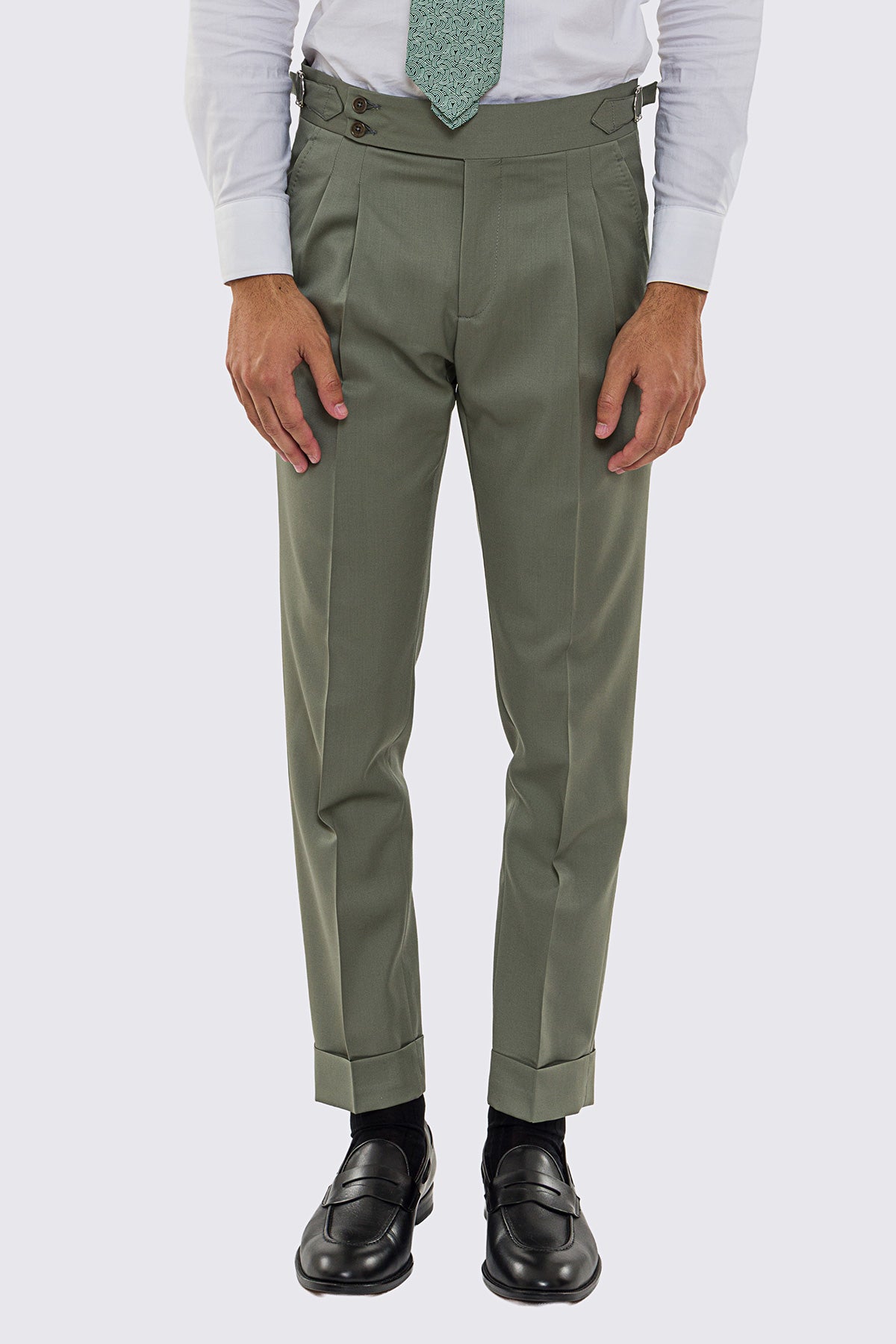 Abito uomo Monopetto salvia fresco lana super 130's Vitale Barberis Canonico sfoderata Rever a lancia tasche a toppe