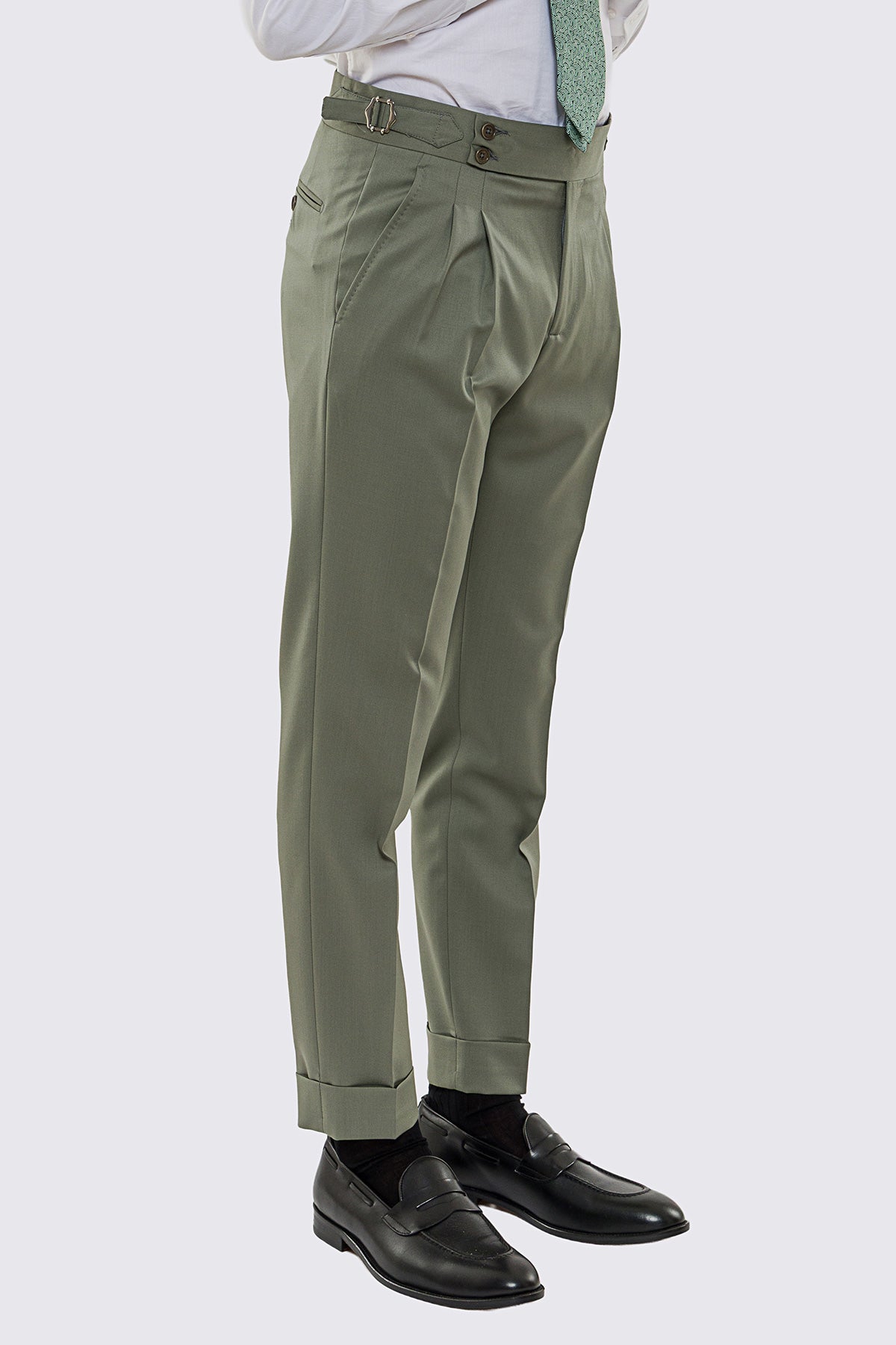 Abito uomo Monopetto salvia fresco lana super 130's Vitale Barberis Canonico sfoderata Rever a lancia tasche a toppe