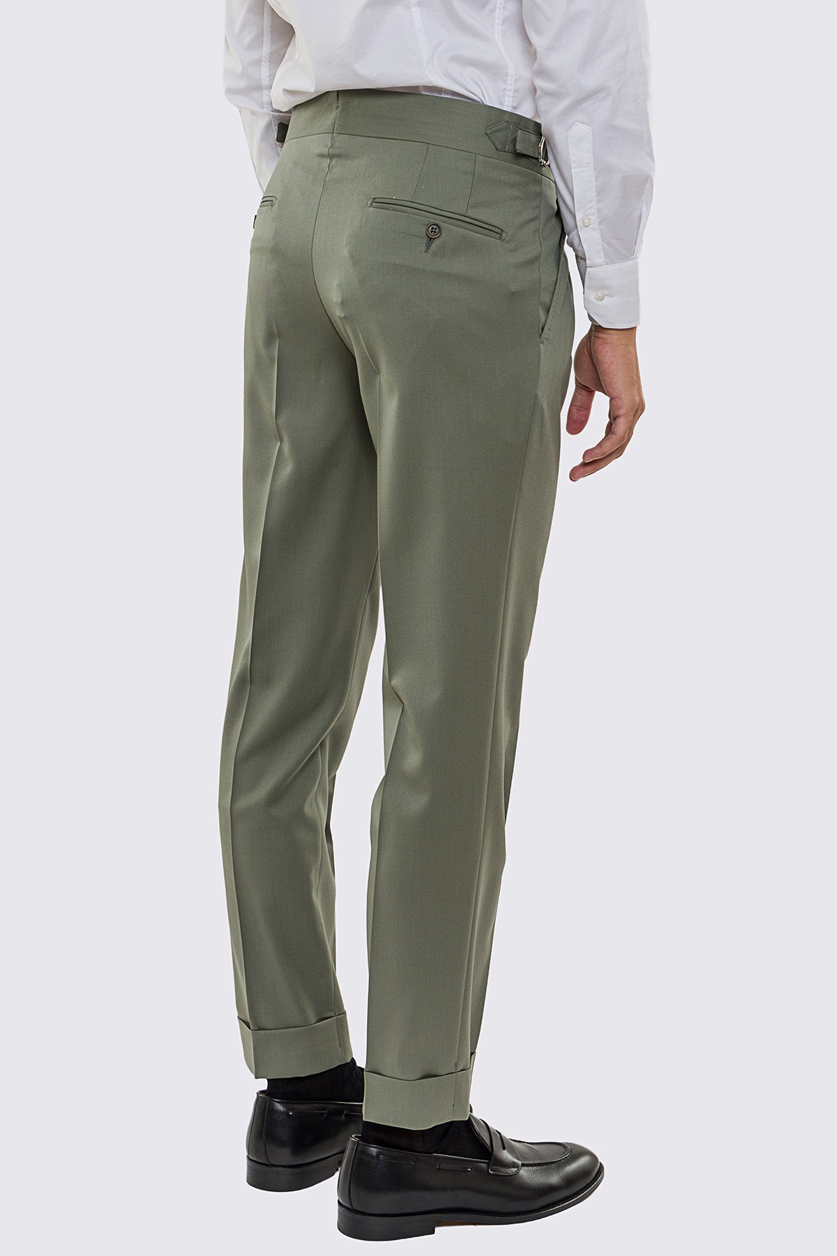 Abito uomo Monopetto salvia fresco lana super 130's Vitale Barberis Canonico sfoderata Rever a lancia tasche a toppe