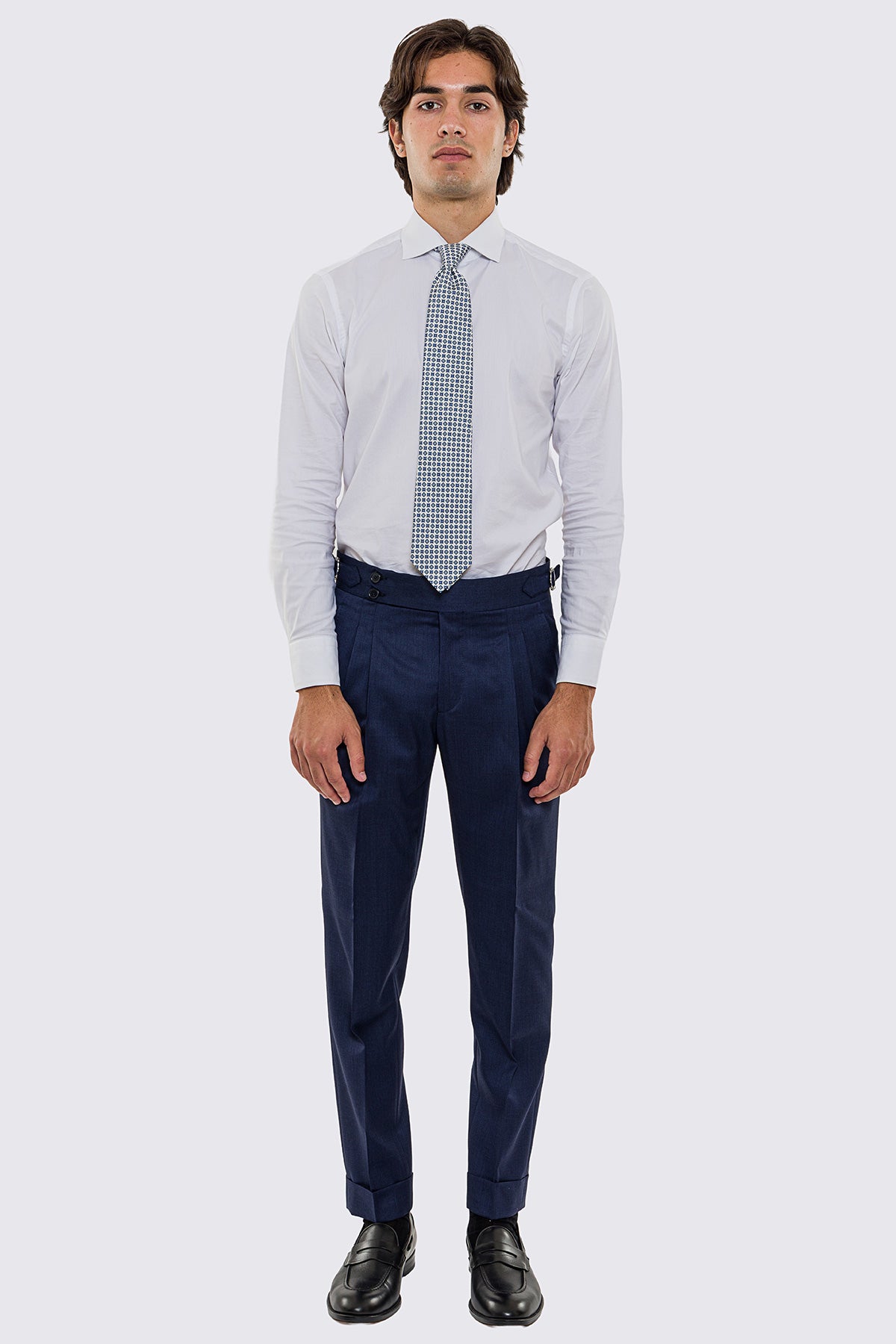 Abito uomo Monopetto blu denim fresco lana super 130's Vitale Barberis Canonico sfoderata Rever a lancia tasche a toppe