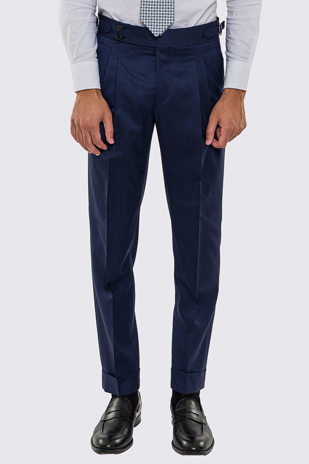 Abito uomo Monopetto blu denim fresco lana super 130's Vitale Barberis Canonico sfoderata Rever a lancia tasche a toppe