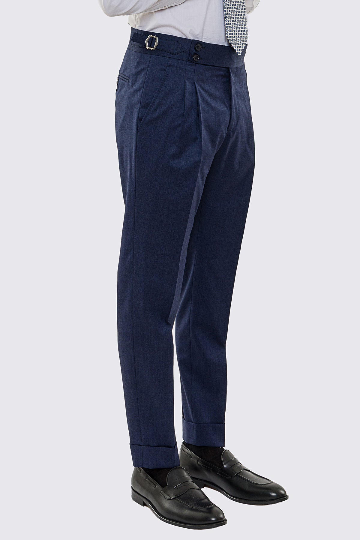 Pantalone uomo Denim vita alta con fibbie laterali regolabili 2 pinces tasca america in fresco lana 100% Vitale Barberis Canonico risvolto 5cm