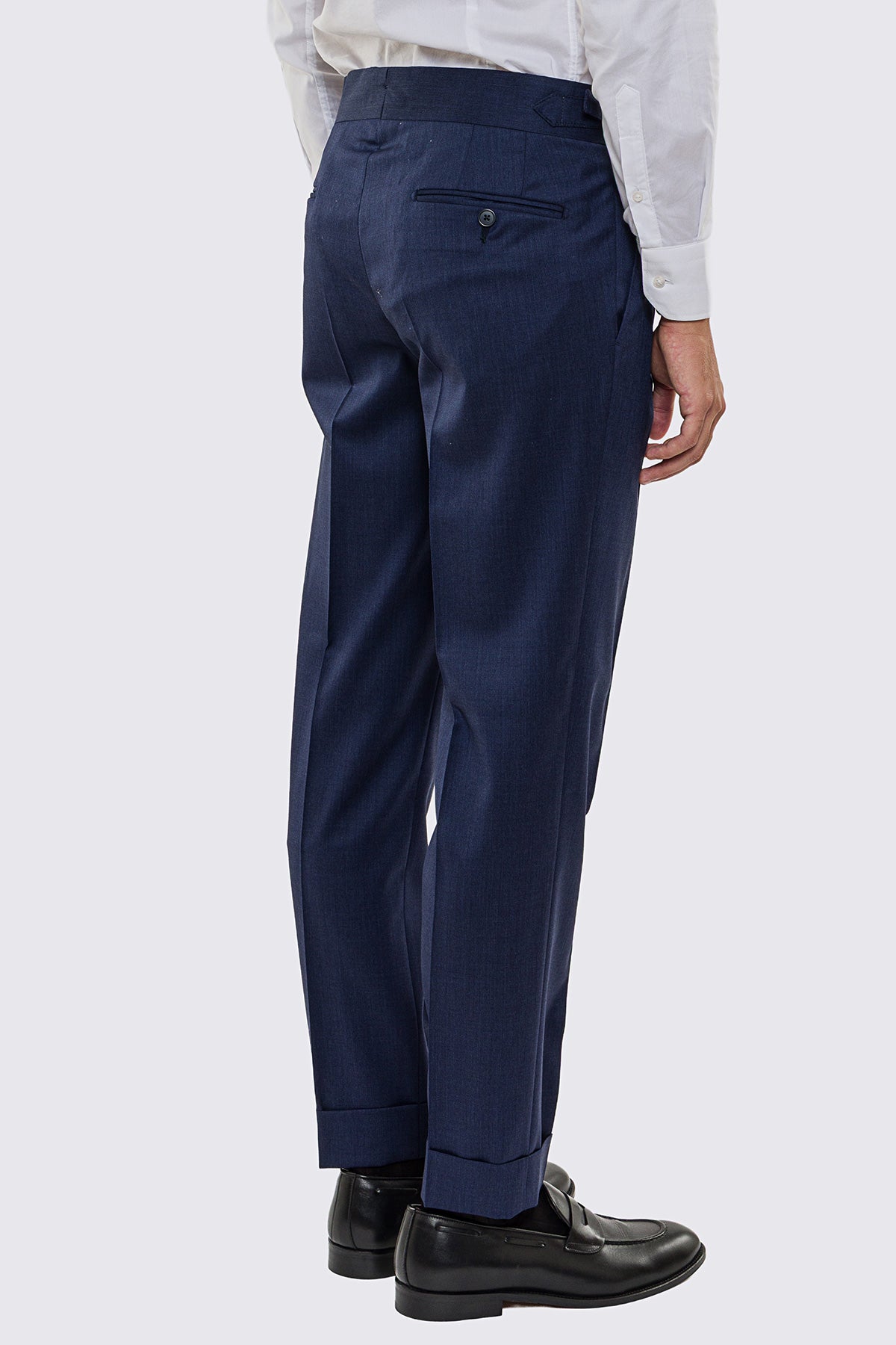 Pantalone uomo Denim vita alta con fibbie laterali regolabili 2 pinces tasca america in fresco lana 100% Vitale Barberis Canonico risvolto 5cm