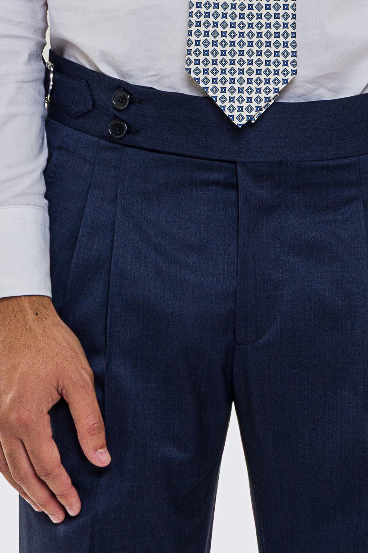 Pantalone uomo Denim vita alta con fibbie laterali regolabili 2 pinces tasca america in fresco lana 100% Vitale Barberis Canonico risvolto 5cm