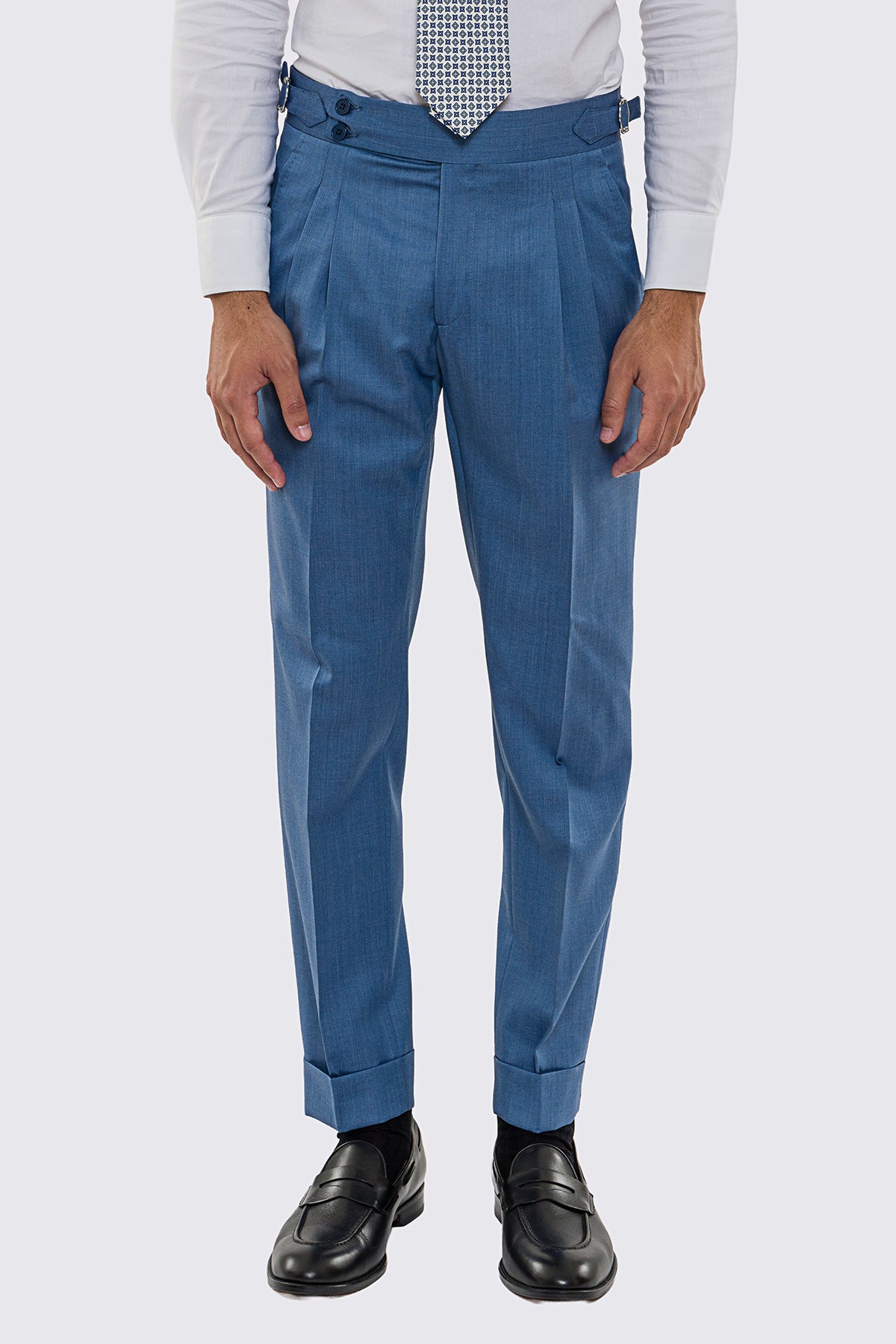 Pantalone uomo Denim vita alta con fibbie laterali regolabili 2 pinces tasca america in fresco lana 100% Vitale Barberis Canonico risvolto 5cm