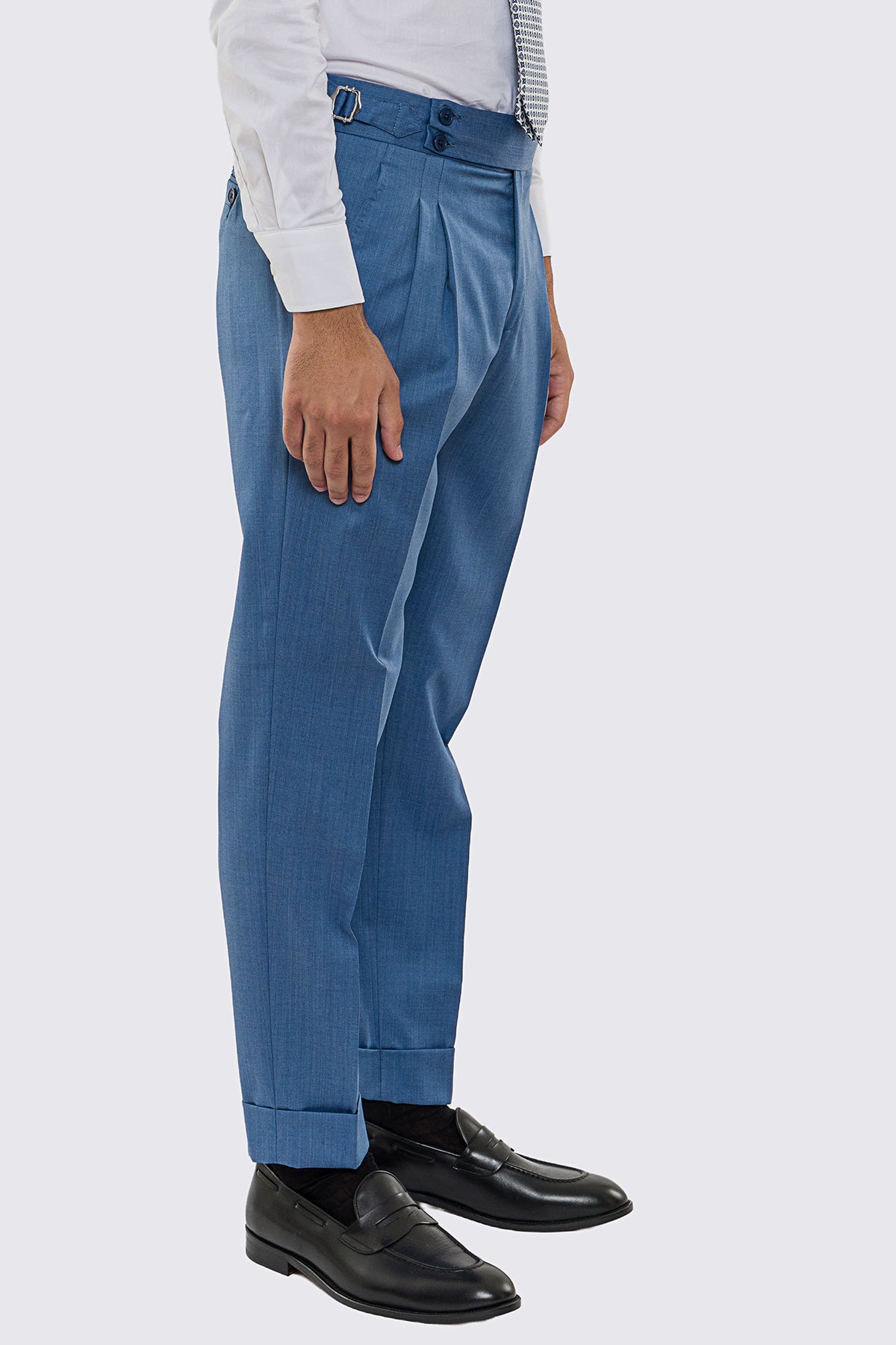 Pantalone uomo Denim vita alta con fibbie laterali regolabili 2 pinces tasca america in fresco lana 100% Vitale Barberis Canonico risvolto 5cm