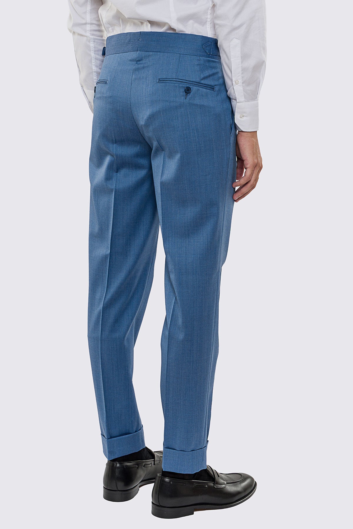 Pantalone uomo Denim vita alta con fibbie laterali regolabili 2 pinces tasca america in fresco lana 100% Vitale Barberis Canonico risvolto 5cm