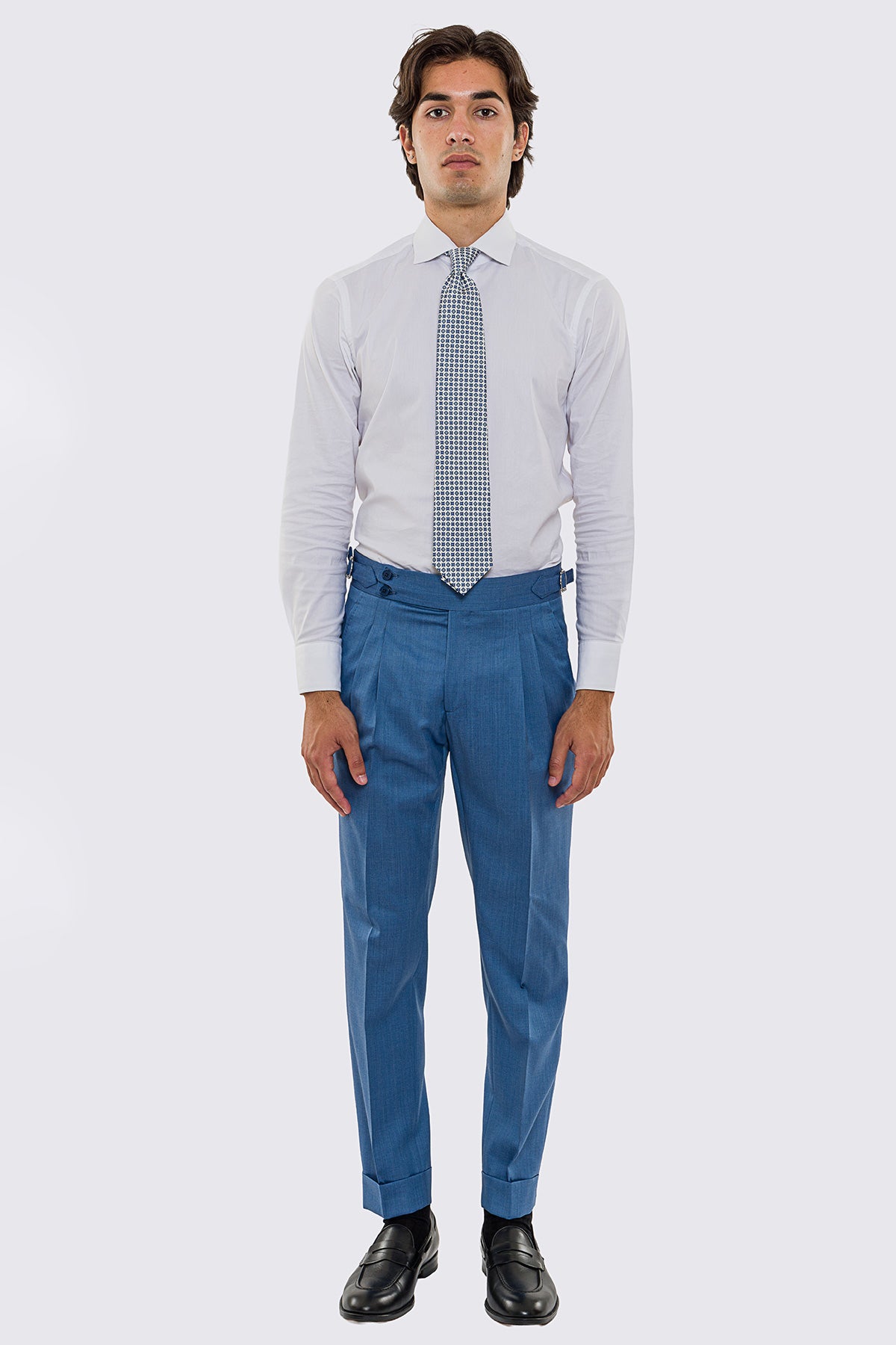 Pantalone uomo Denim vita alta con fibbie laterali regolabili 2 pinces tasca america in fresco lana 100% Vitale Barberis Canonico risvolto 5cm