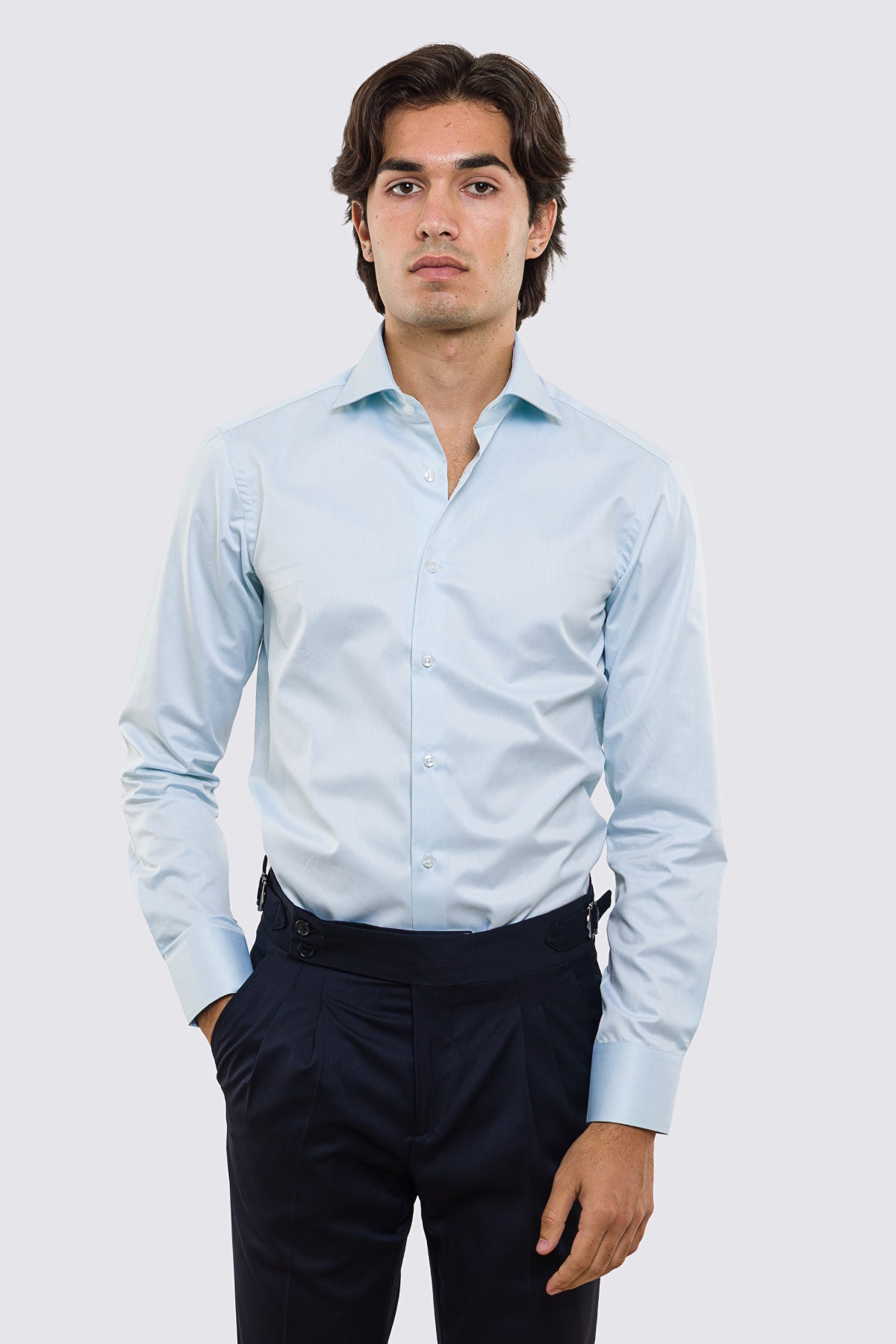 Camicia color tiffany slim fit 100% cotone no iron tinta unita collo semi francese polsino smussato mileta tessuti