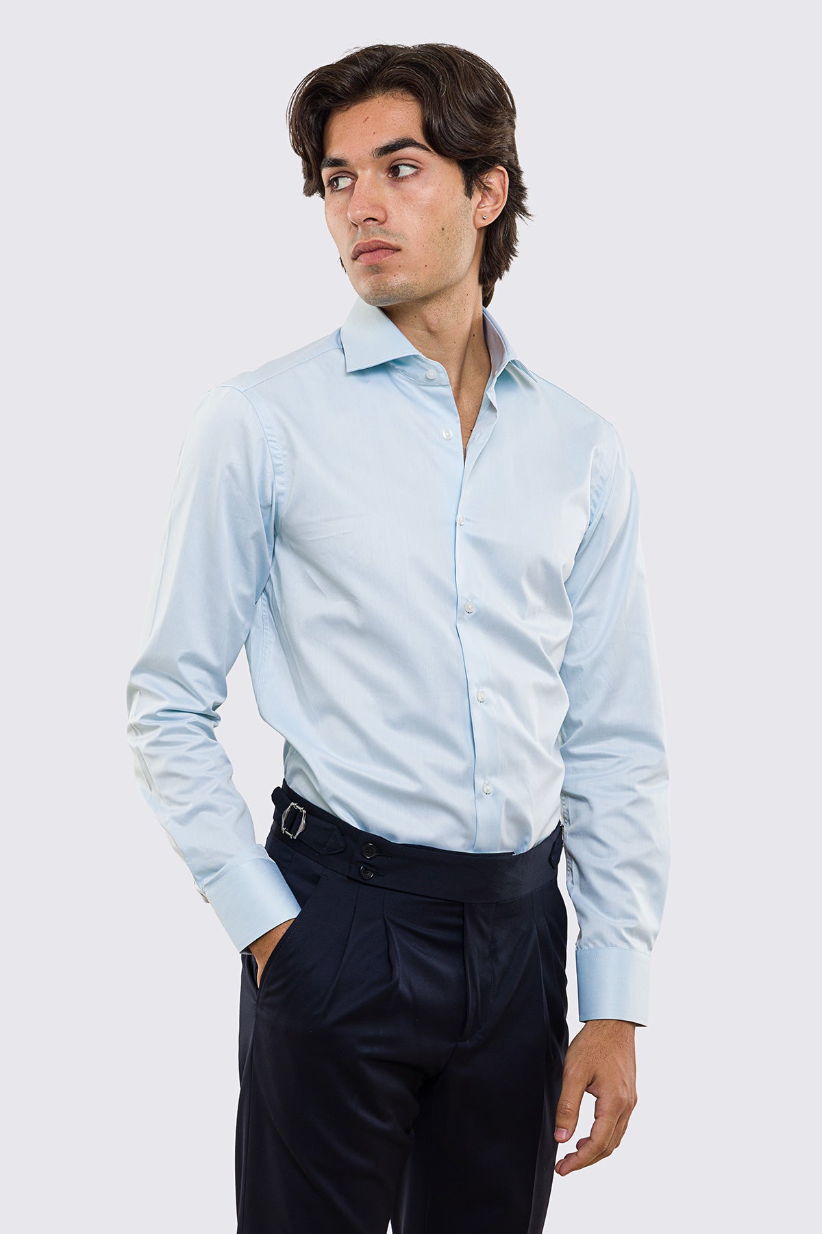 Camicia color tiffany slim fit 100% cotone no iron tinta unita collo semi francese polsino smussato mileta tessuti