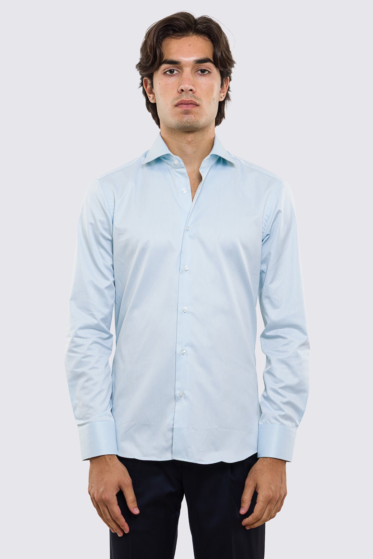 Camicia color tiffany slim fit 100% cotone no iron tinta unita collo semi francese polsino smussato mileta tessuti
