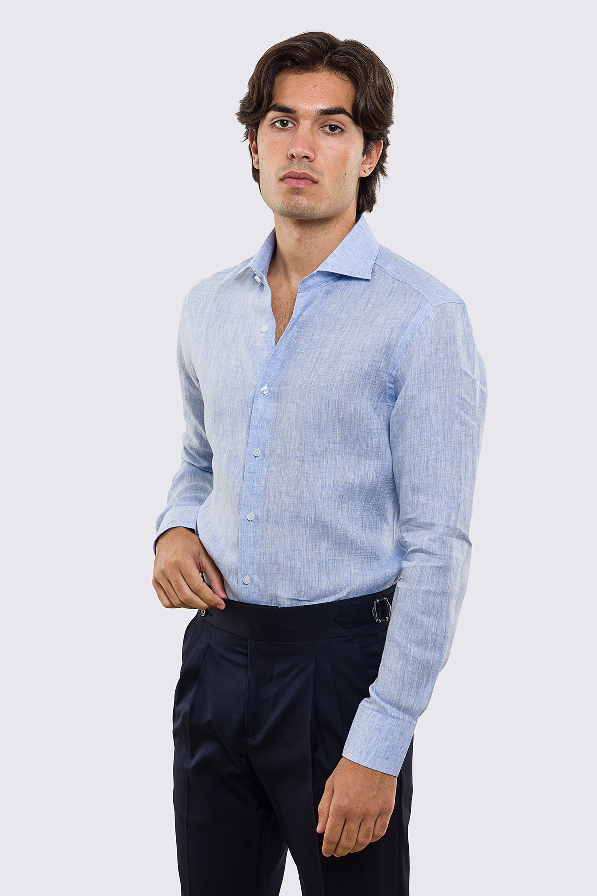 Camicia Celeste in Lino 100% made in italy da uomo collo semi francese morbido slim fit effetto melange mileta tessuti