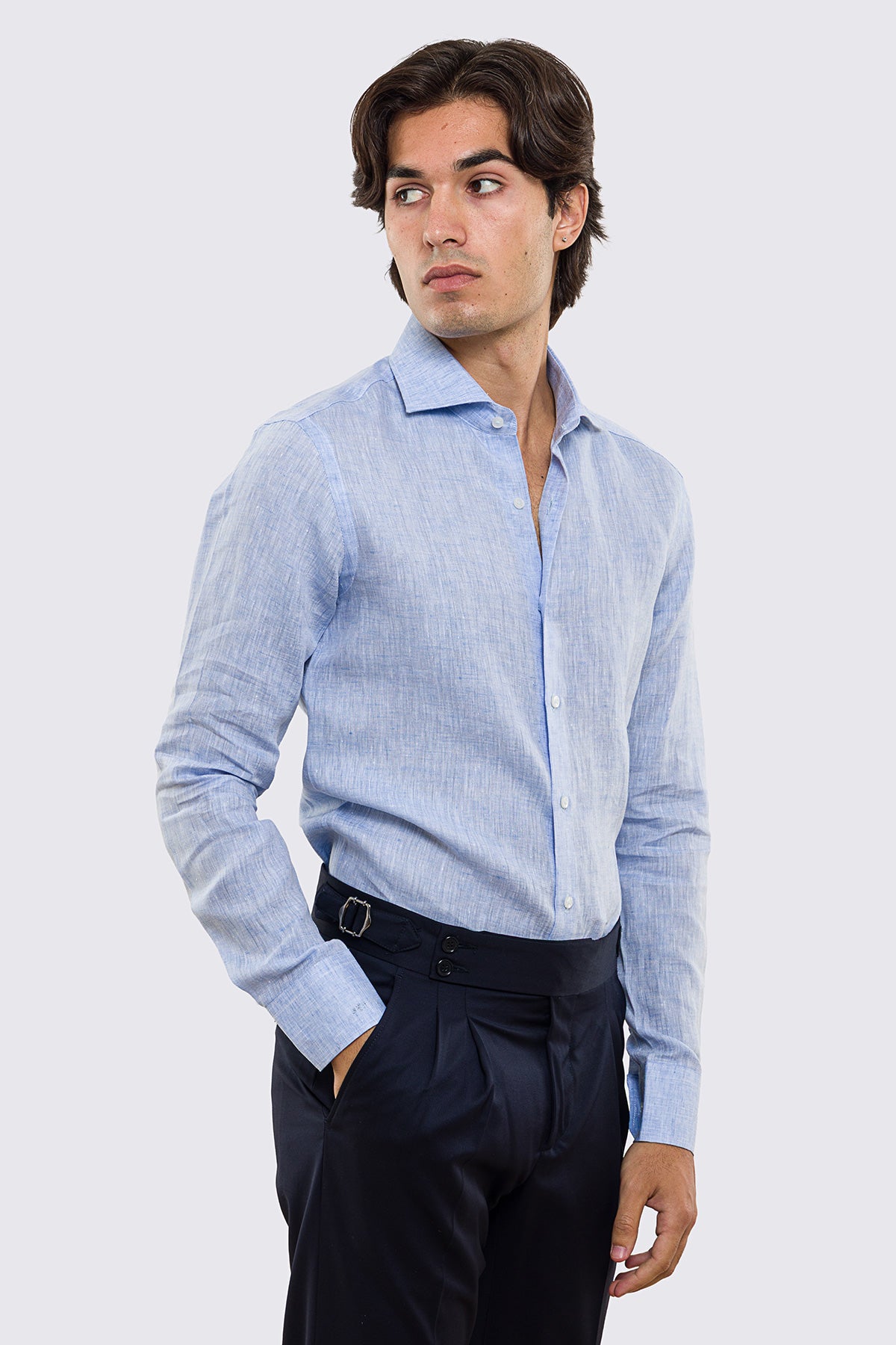 Camicia Celeste in Lino 100% made in italy da uomo collo semi francese morbido slim fit effetto melange mileta tessuti