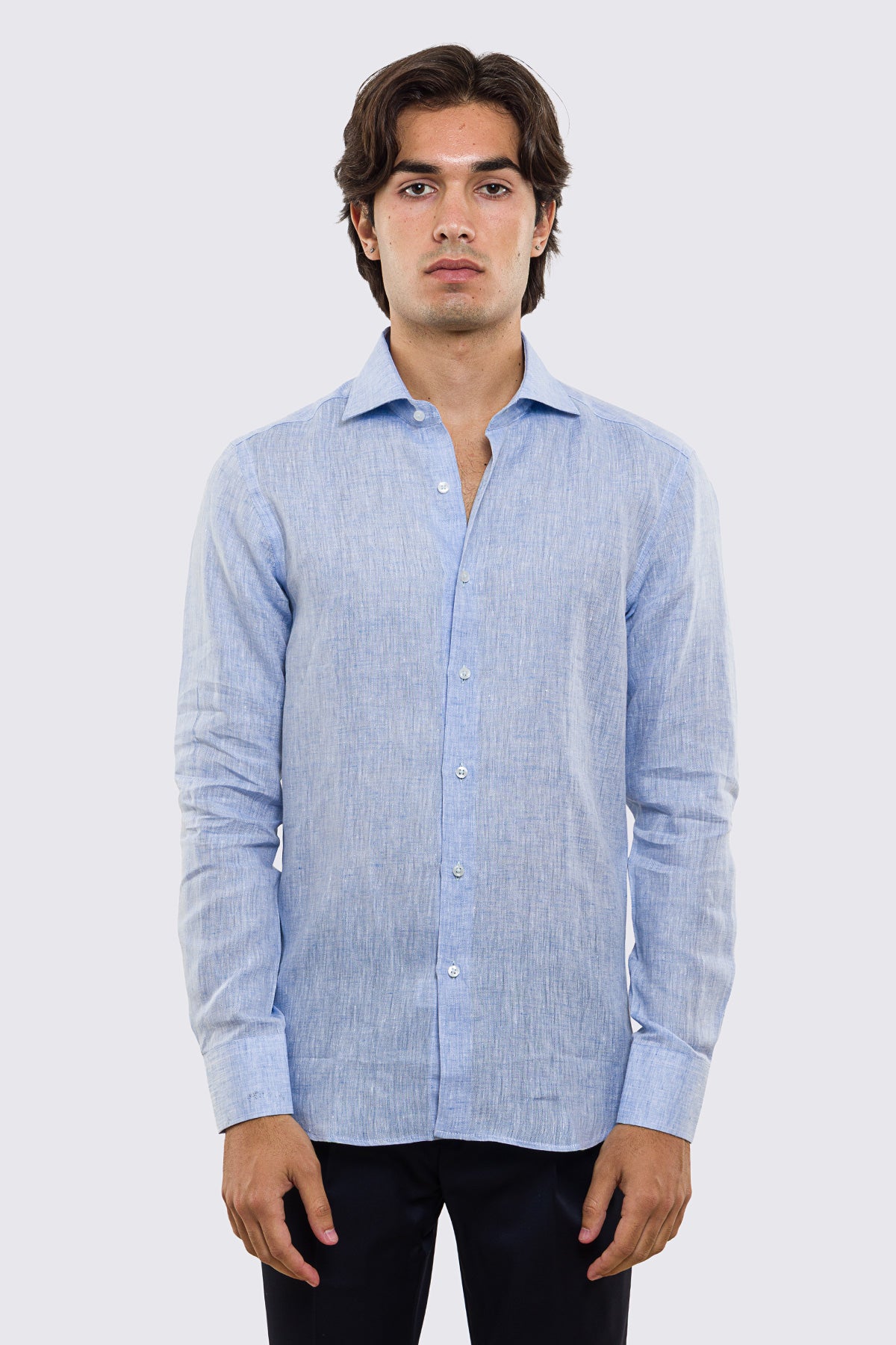 Camicia Celeste in Lino 100% made in italy da uomo collo semi francese morbido slim fit effetto melange mileta tessuti