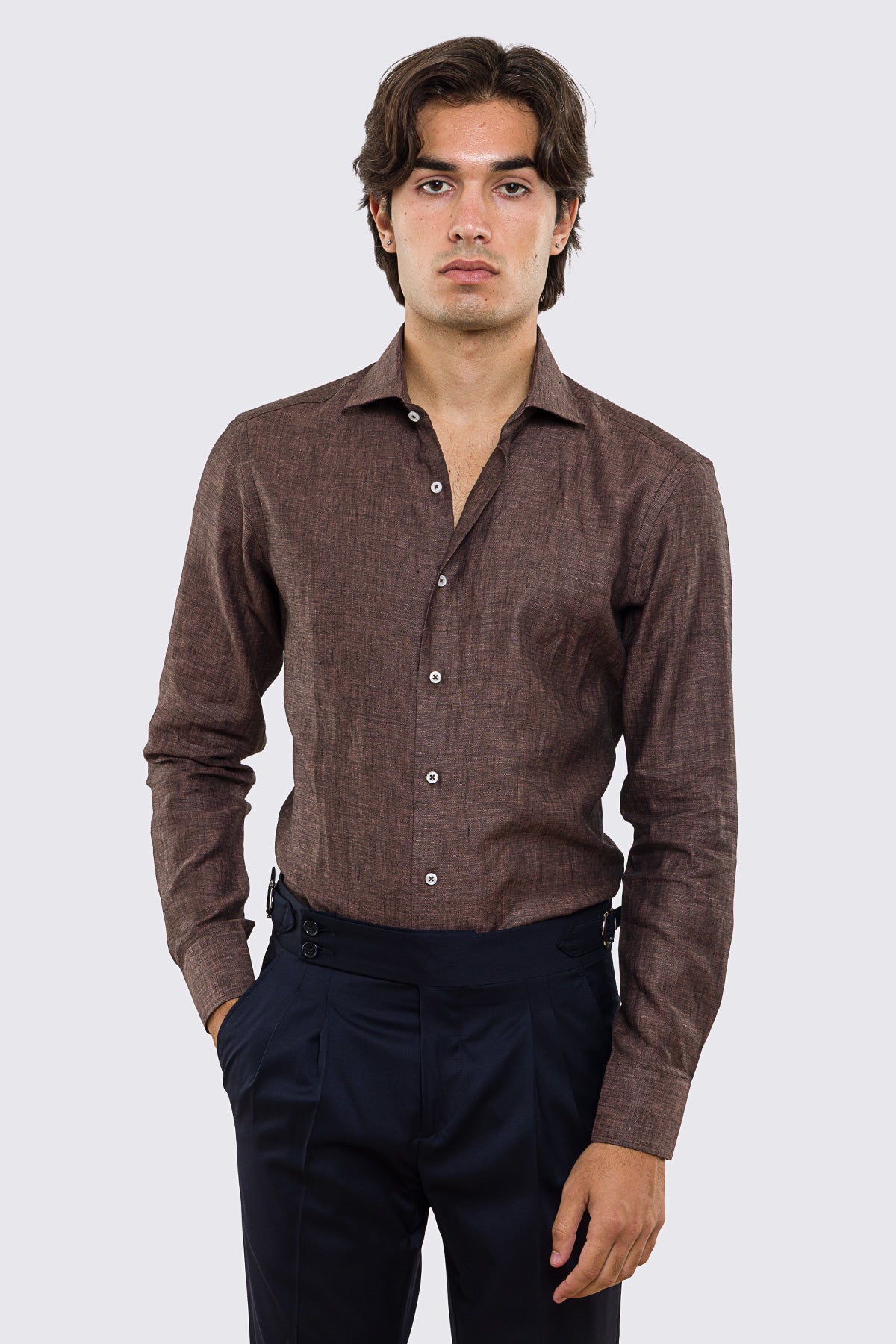 Camicia Marrone in Lino 100% made in italy da uomo collo semi francese morbido slim fit effetto melange mileta tessuti