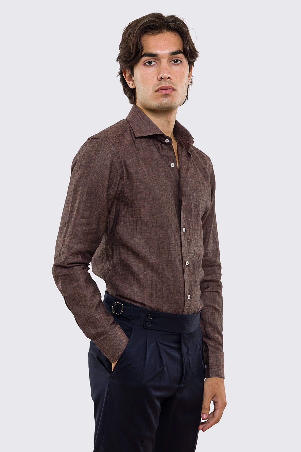 Camicia Marrone in Lino 100% made in italy da uomo collo semi francese morbido slim fit effetto melange mileta tessuti