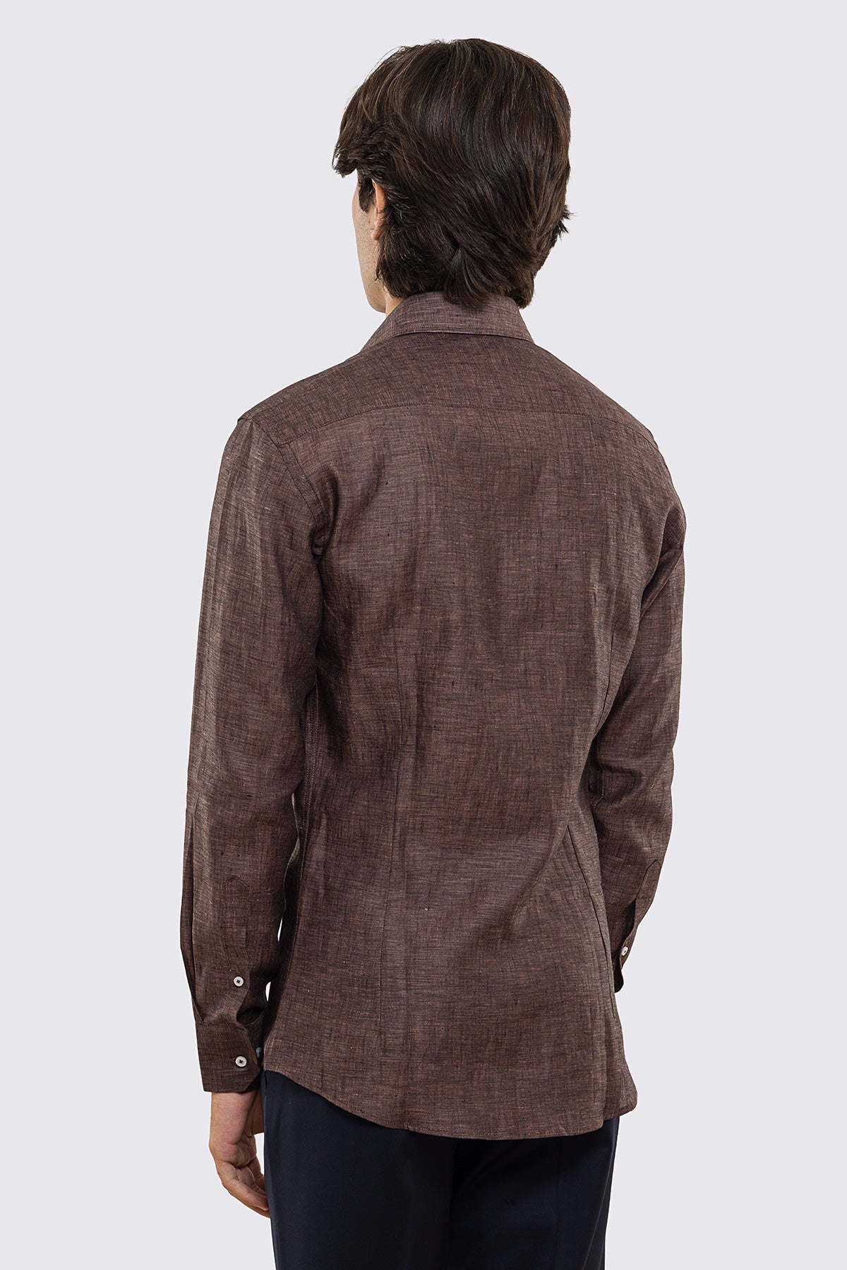 Camicia Marrone in Lino 100% made in italy da uomo collo semi francese morbido slim fit effetto melange mileta tessuti
