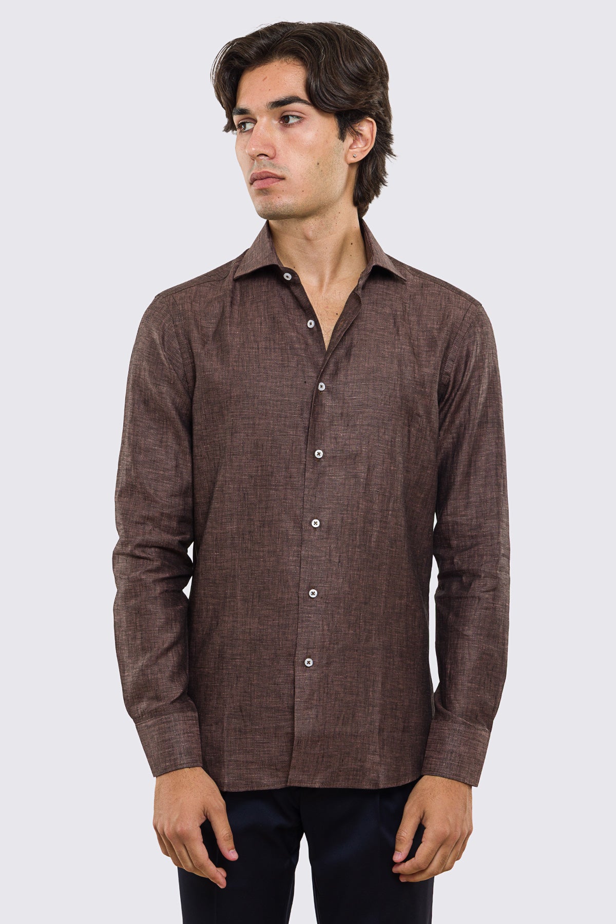 Camicia Marrone in Lino 100% made in italy da uomo collo semi francese morbido slim fit effetto melange mileta tessuti