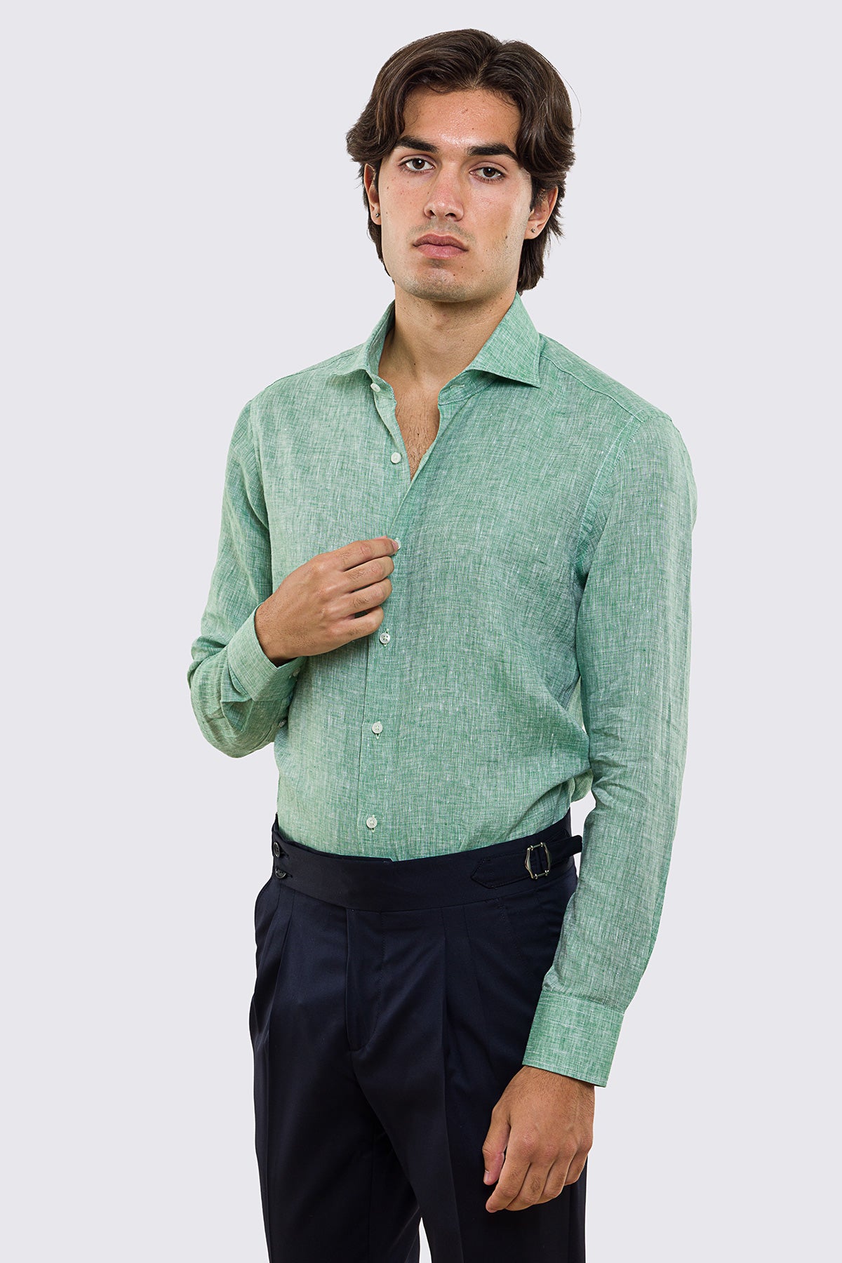 Camicia Verde in Lino 100% made in italy da uomo collo semi francese morbido slim fit effetto melange mileta tessuti