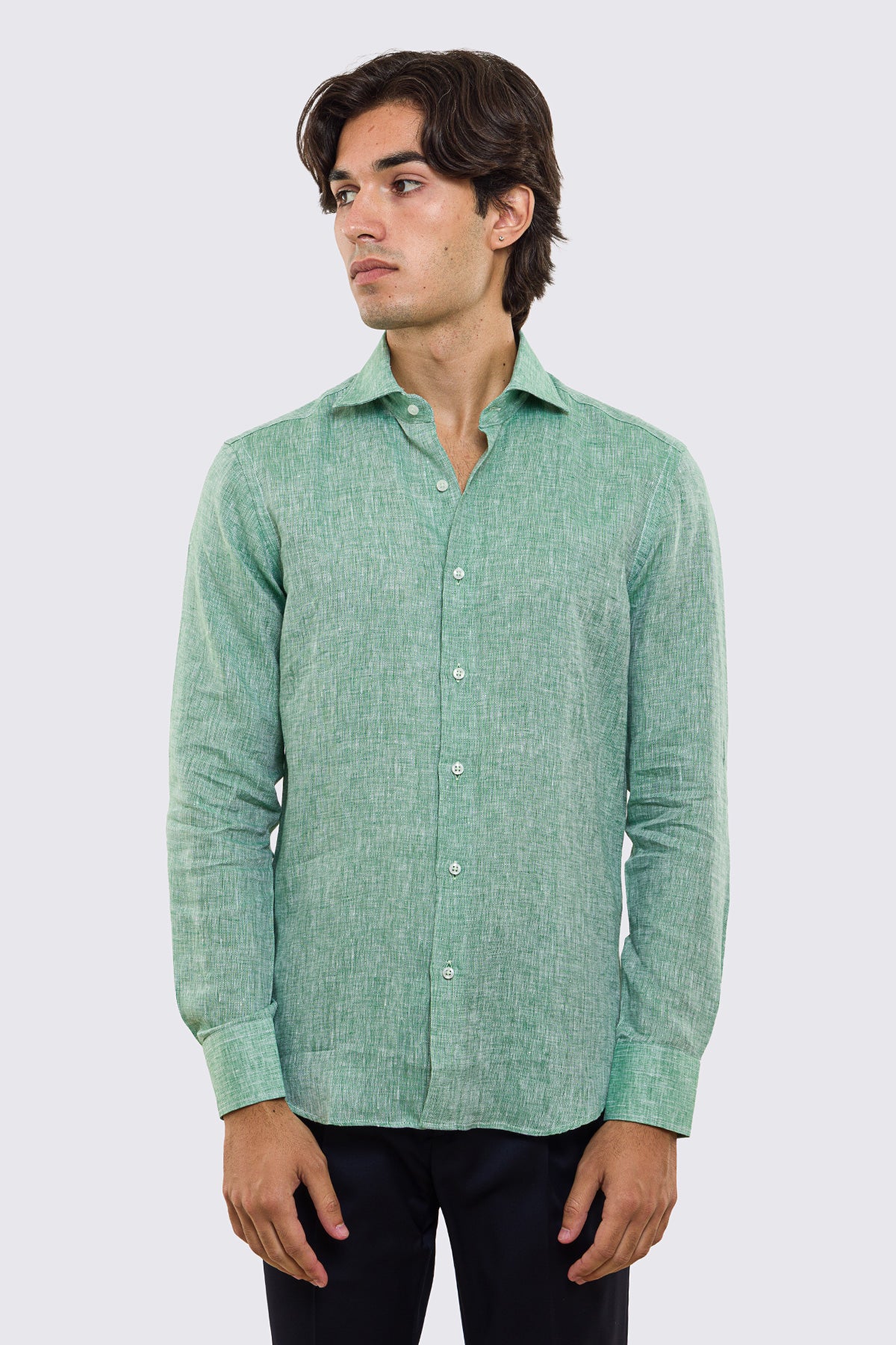Camicia Verde in Lino 100% made in italy da uomo collo semi francese morbido slim fit effetto melange mileta tessuti