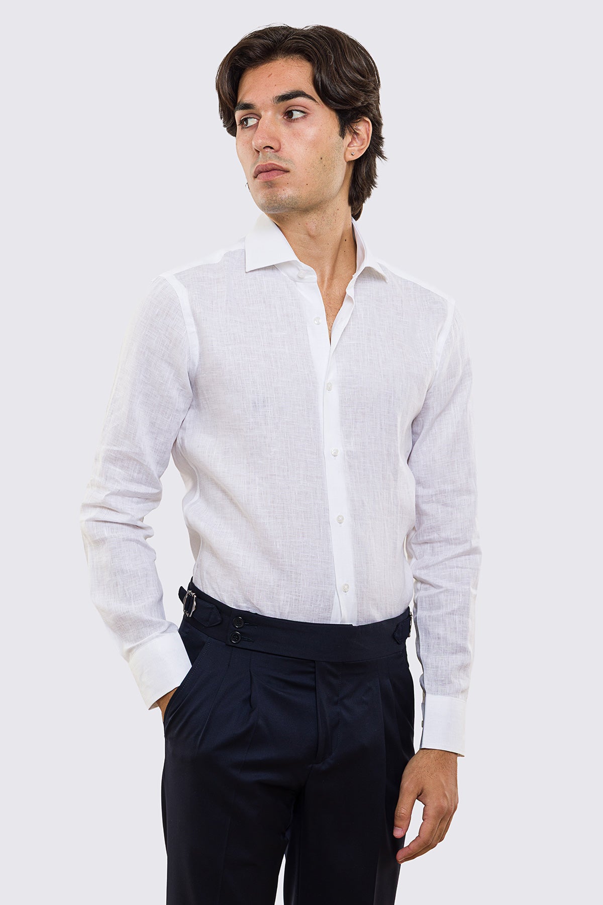 Camicia Bianca in Lino 100% made in italy da uomo collo semi francese morbido slim fit effetto melange mileta tessuti