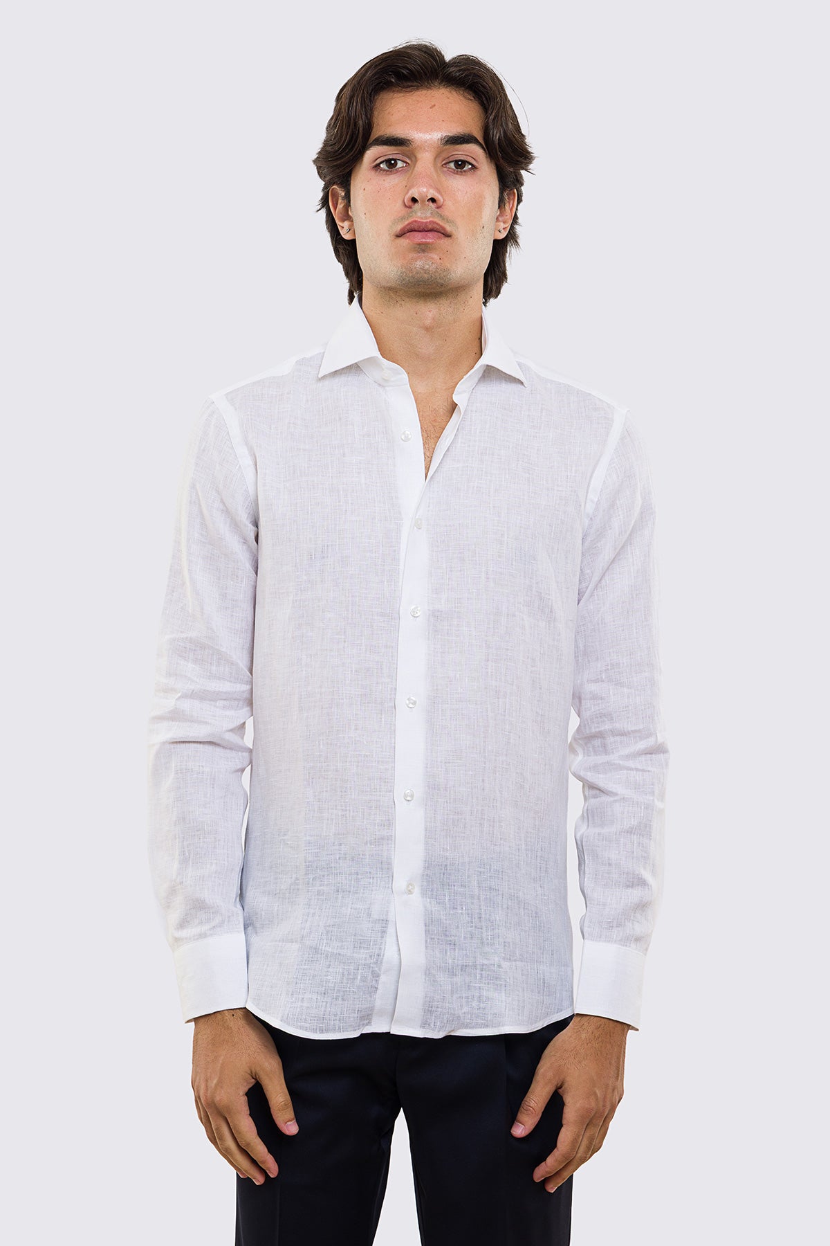 Camicia Bianca in Lino 100% made in italy da uomo collo semi francese morbido slim fit effetto melange mileta tessuti