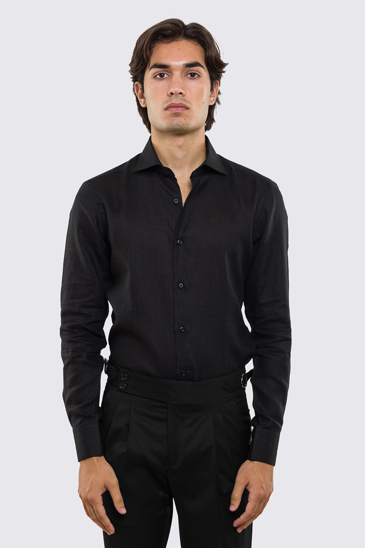 Camicia nera in Lino 100% made in italy da uomo collo semi francese morbido slim fit effetto melange mileta tessuti